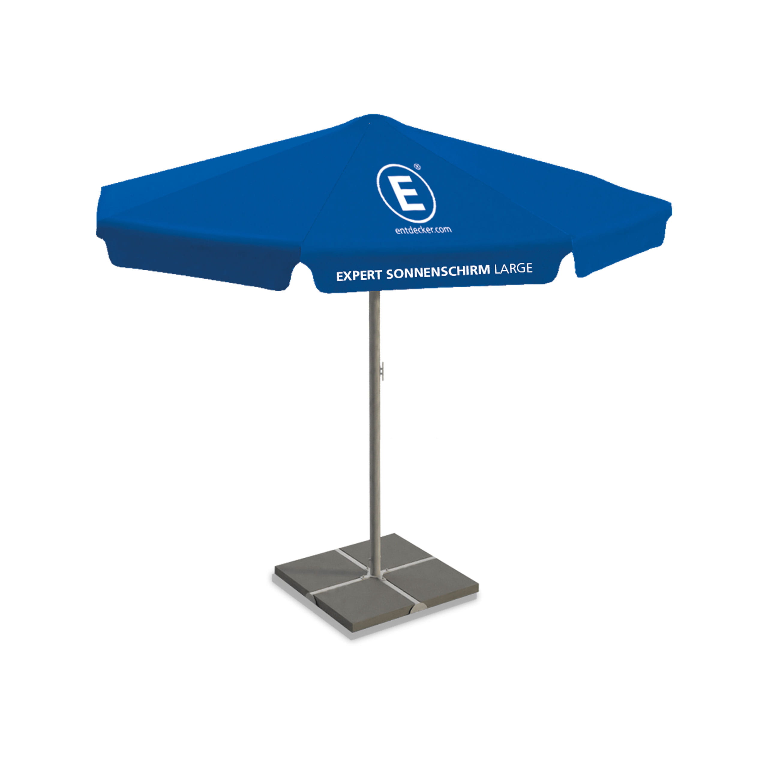 Sonnenschirm Gastro Rund L Runder Gastro-Sonnenschirm in Blau mit silbernem Gestell und quadratischem Fuß.