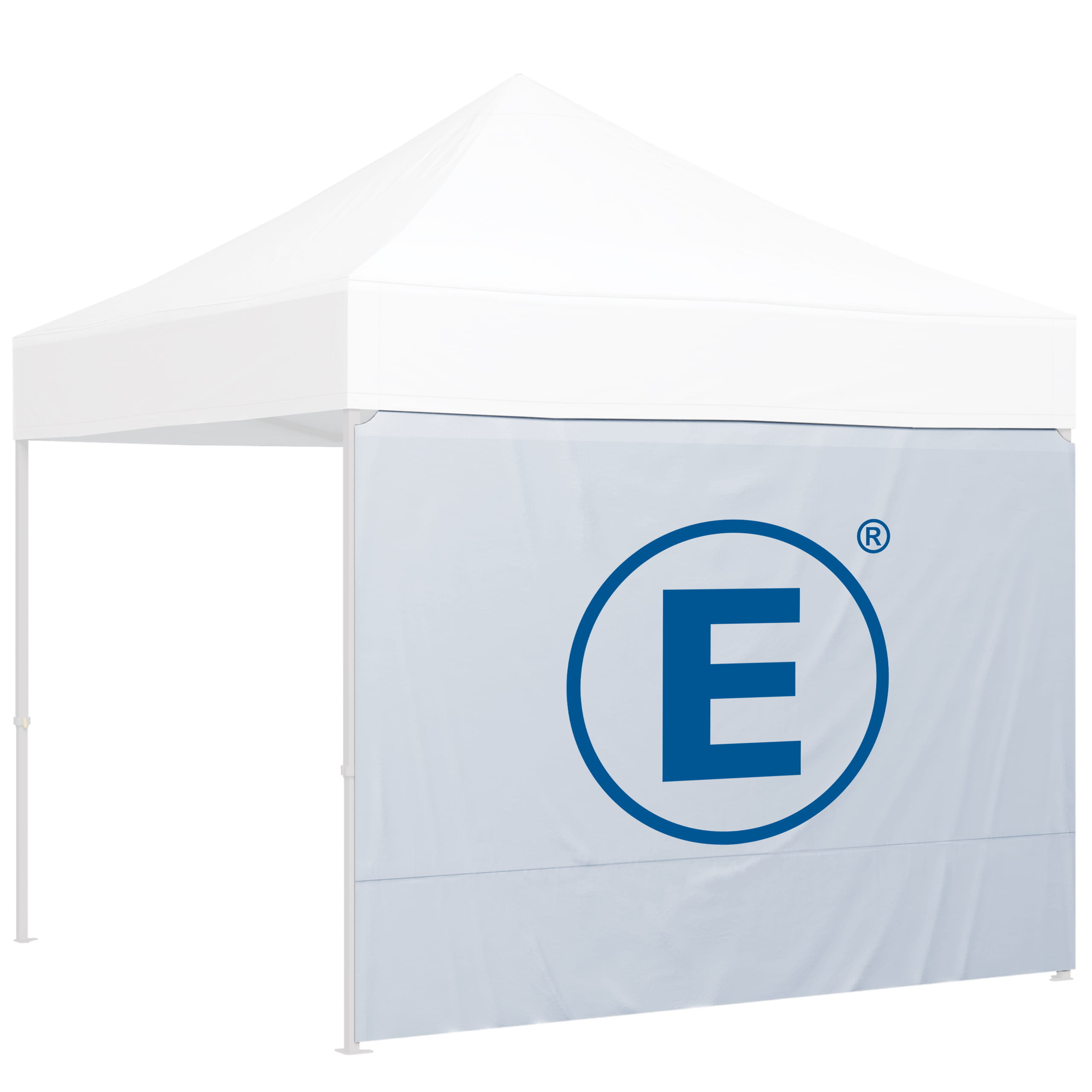 Zelt Wand voll 3m B1 mit Volldruck einseitig Zeltwand mit Volldruck einseitig, 3m breit, zeigt das Logo E in Blau auf hellem Hintergrund.