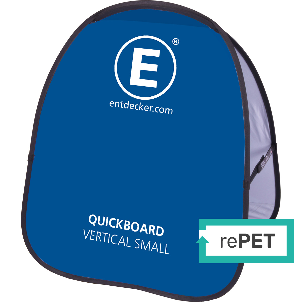 Werbebande Quickboard Vertical Small von ENTDECKER, blau mit Logo und Text.