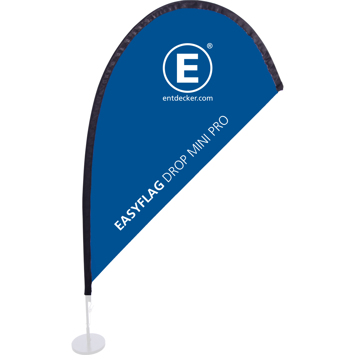 Tischaufsteller Beachflag Easyflag Mini in Blau mit schwarzem Rand, auf einem runden Standfuß.