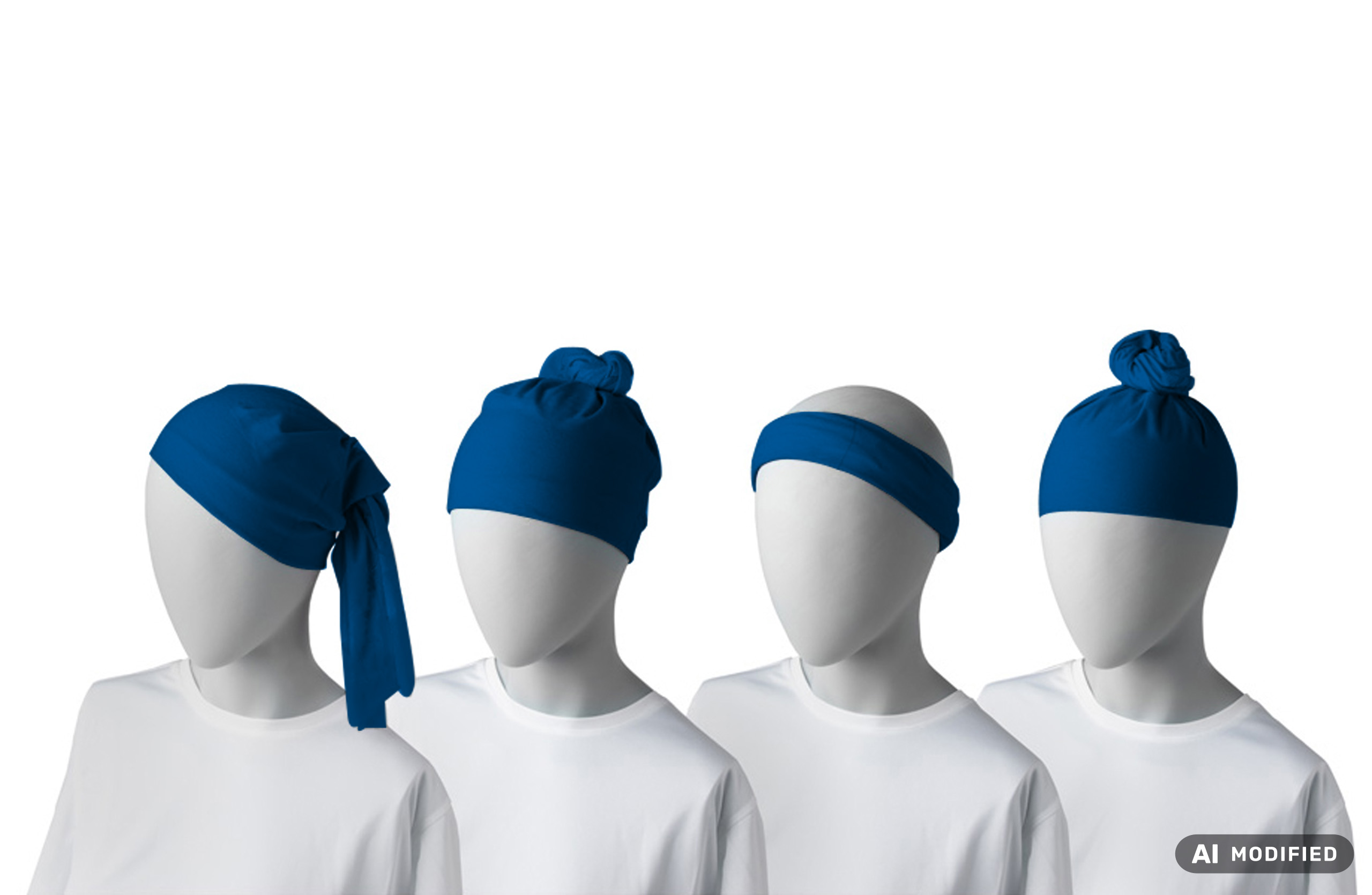 Vier weiße Schaufensterpuppen mit einem blauen Multifunktionstuch in verschiedenen Tragevarianten als Kopftuch, Mütze und Stirnband.