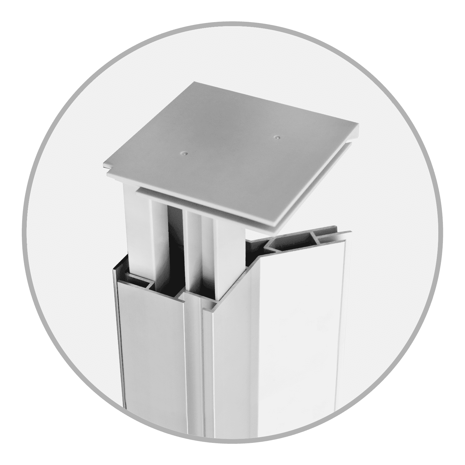 Messewand Easyframe Detail Verbinder Detailansicht des Easyframe Detail Verbinders für Messewände, aus Aluminium mit quadratischem Oberteil und zwei vertikalen Schienen.