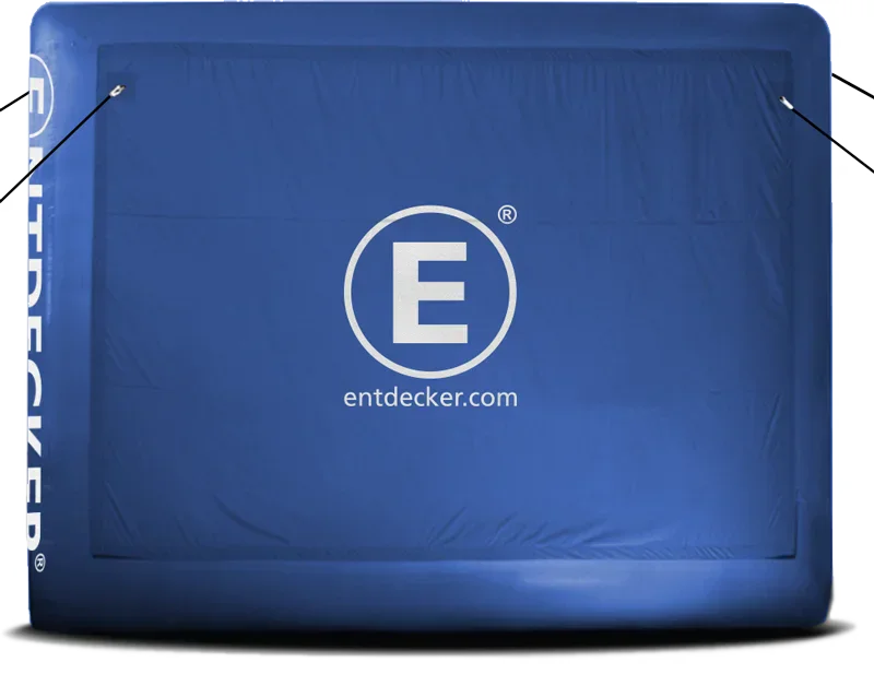 Entdecker Wall Blaue Ventowand mit dem Logo 'E' und der Website 'entdecker.com' in der Mitte.