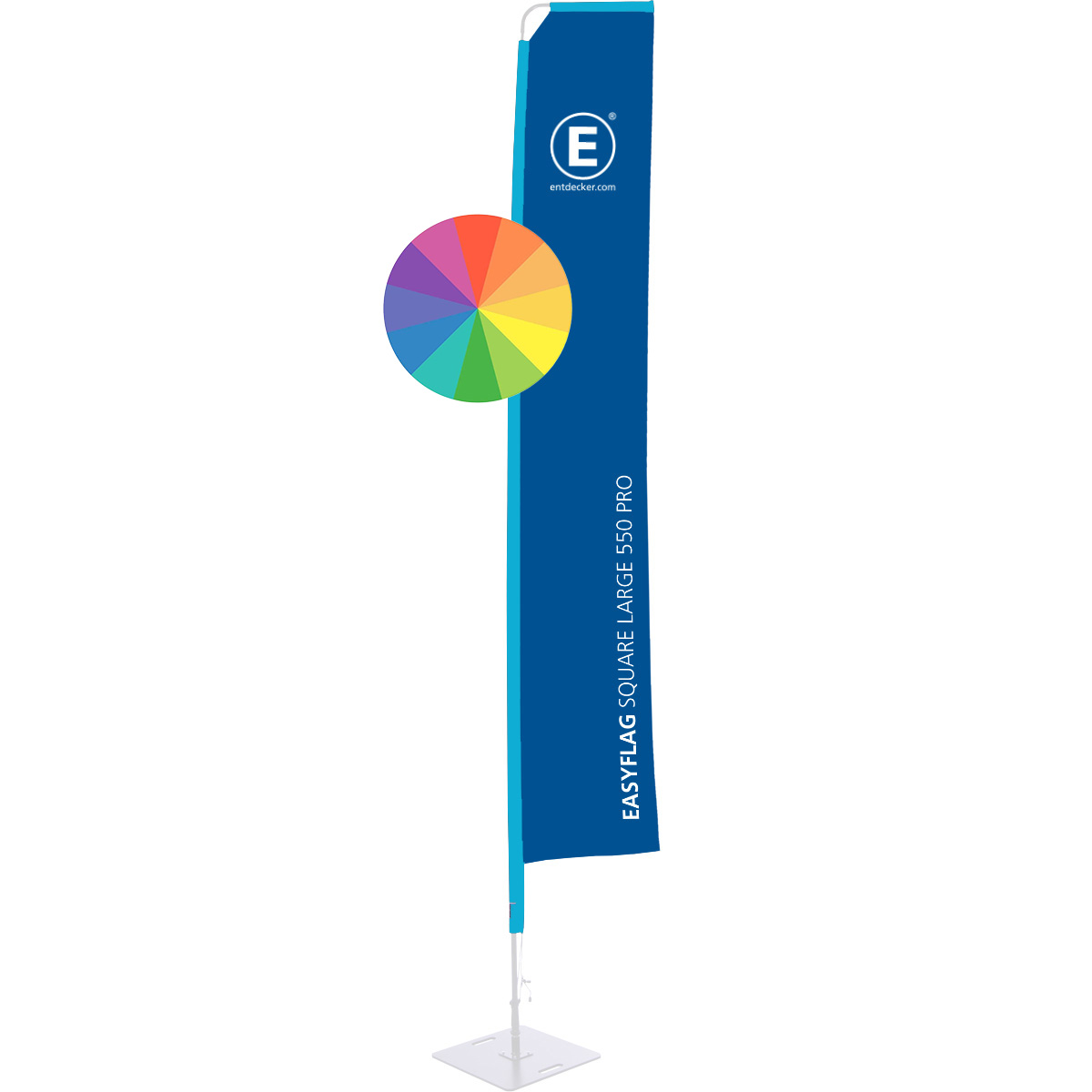 Rechteckige Beachflag von ENTDECKER in Blau mit dem Text EASYFLAG SQUARE MEDIUM 800 und Logo.