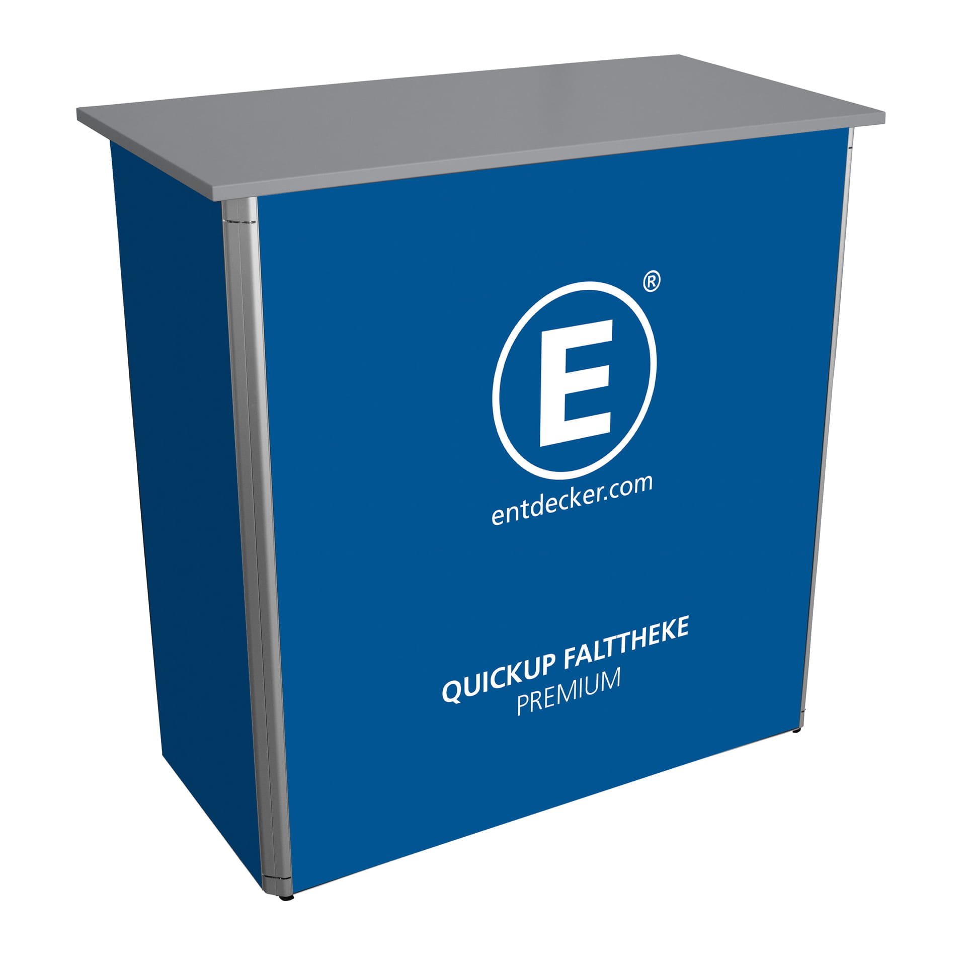 Klapptheke Quickup Premium grau Klapptheke Quickup Premium in Grau mit blauer Front und weißem Logo von ENTDECKER.