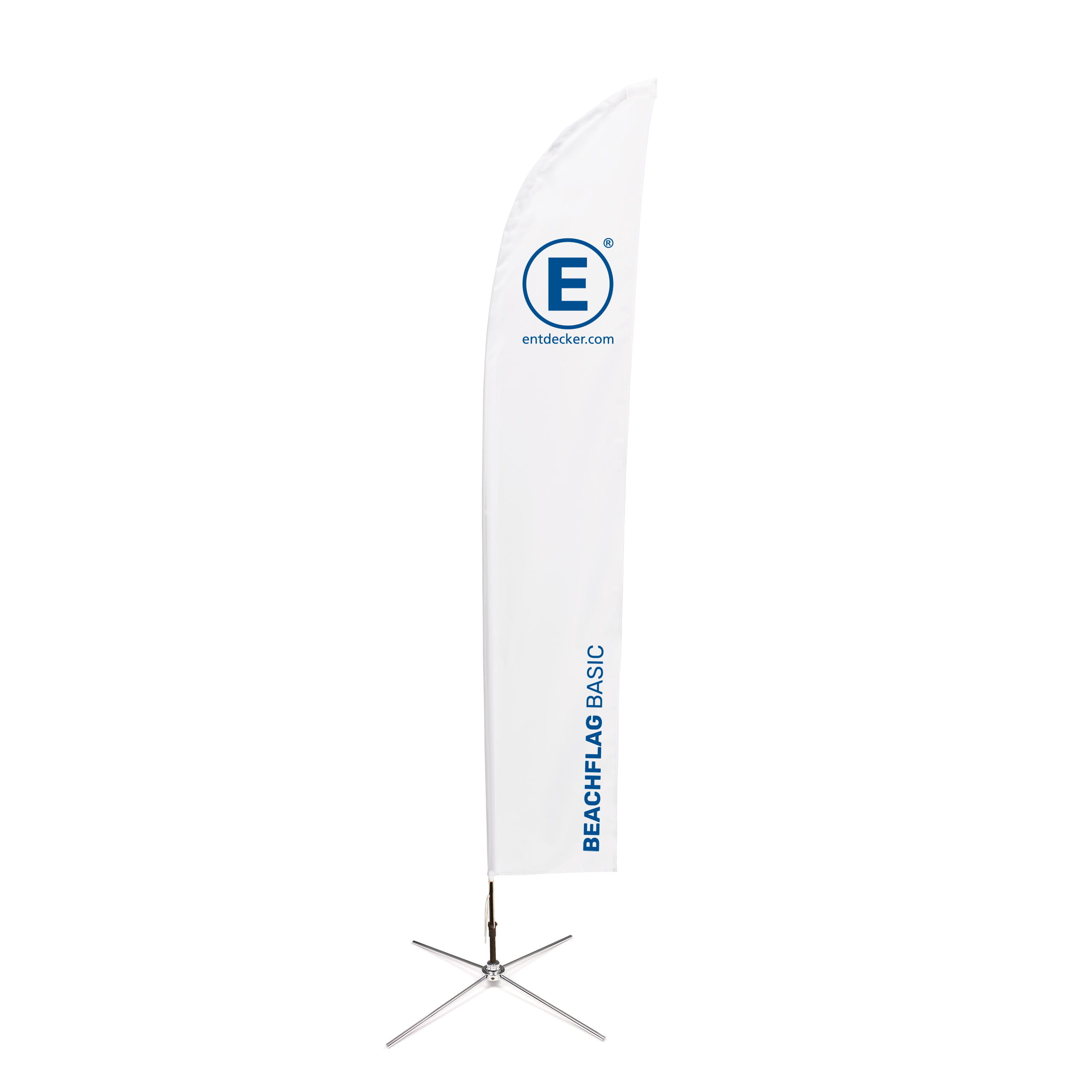 Beachflag Basic Übersicht Vier verschiedene Beachflags vom Typ Beachflag Basic mit dem Logo von ENTDECKER, auf Ständern montiert.