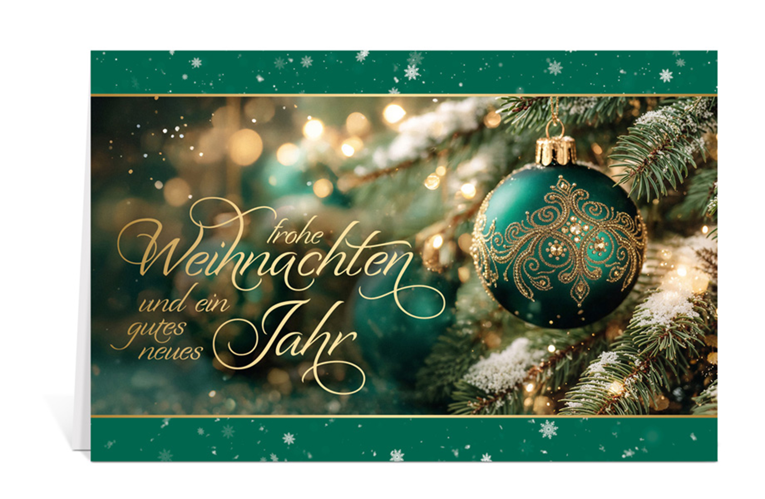 Weihnachtskarte mit grün-goldener Ornamentkugel und dem Text: Frohe Weihnachten und ein gutes neues Jahr