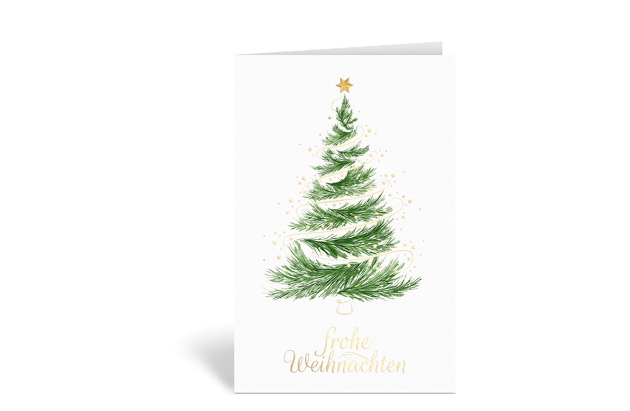 Weiße Weihnachtskarte mit einem Weihnachtsbaum aus Tannenzweigen und goldenem Text: Frohe Weihnachten