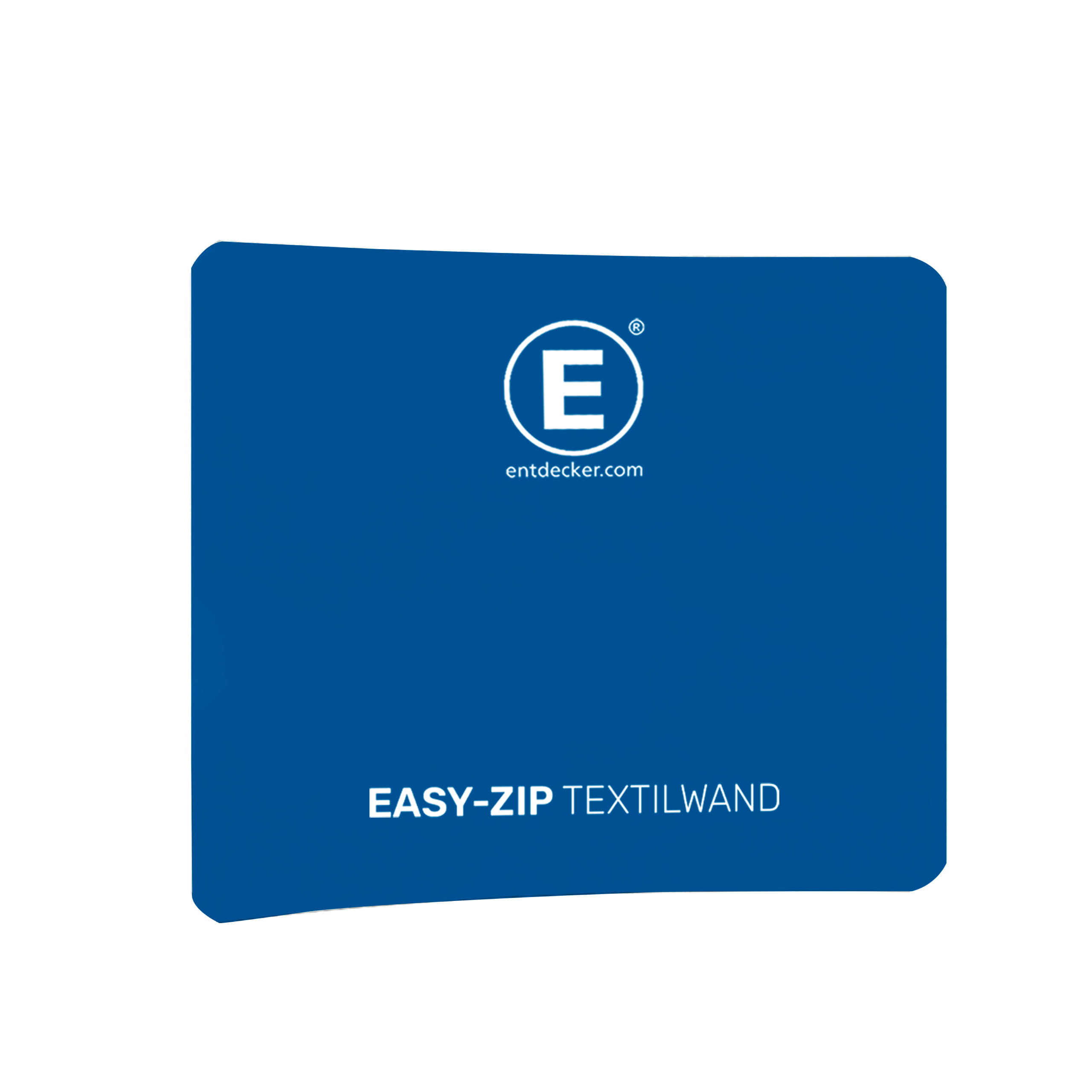 Blaue gebogene Textilwand von ENTDECKER mit doppelseitigem Druck und Logo.