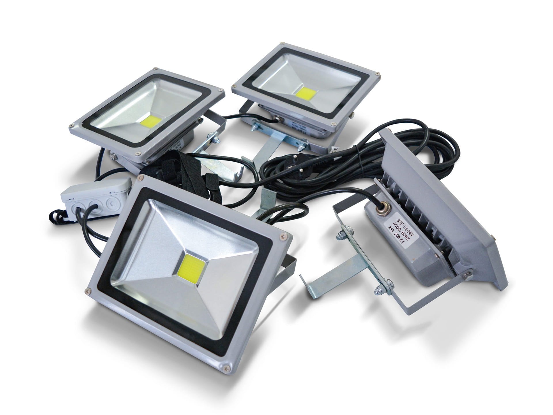 Faltzelt LED Strahler Easy Hold 4er Beispiel Faltzelt LED Strahler Easy Hold, vier Strahler montiert an einem Gestell, Kabel sichtbar.