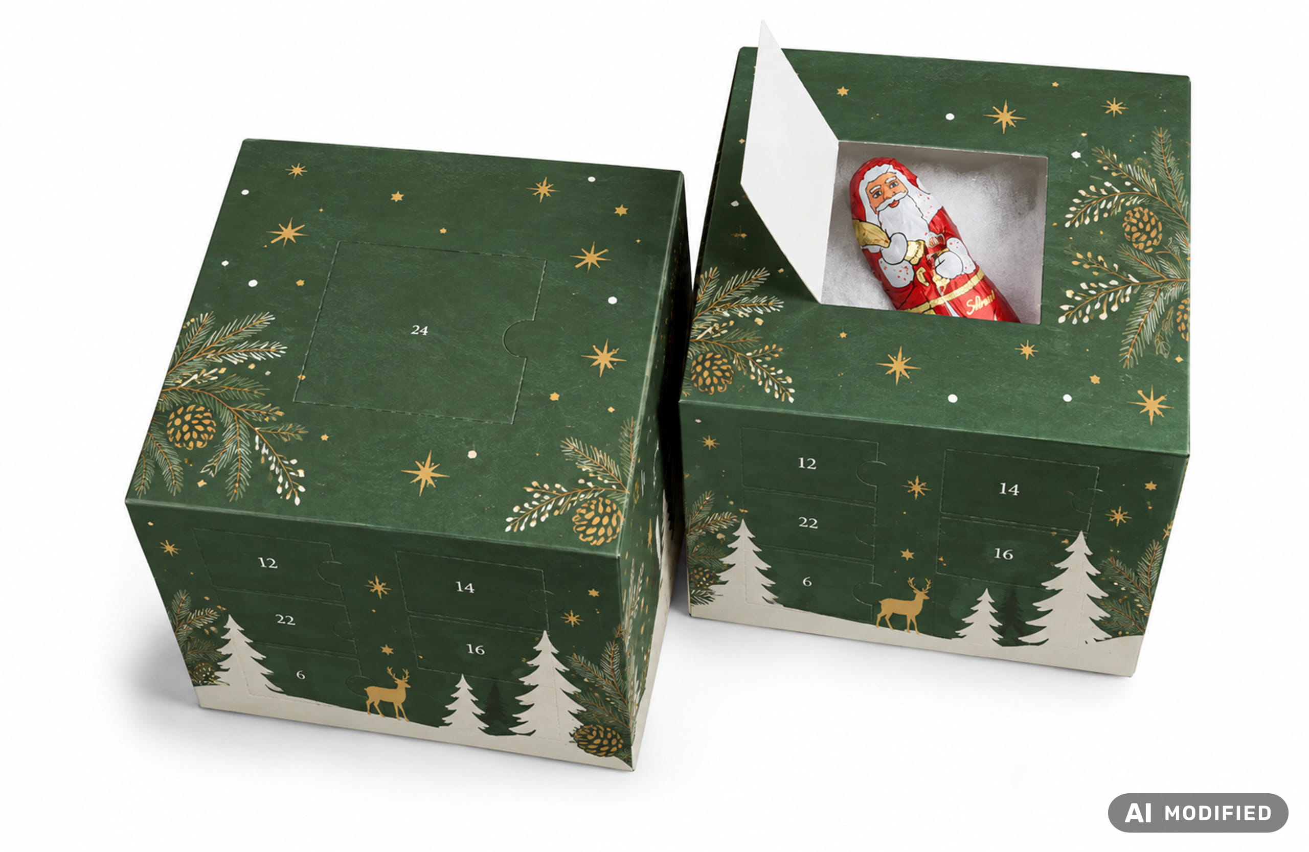 Zwei grüne würfelförmige Adventskalender mit weihnachtlichem Motiv in den Farben Weiß und Gold und geöffnetem Türchen, in dem ein Lindt Weihnachtsmann liegt.