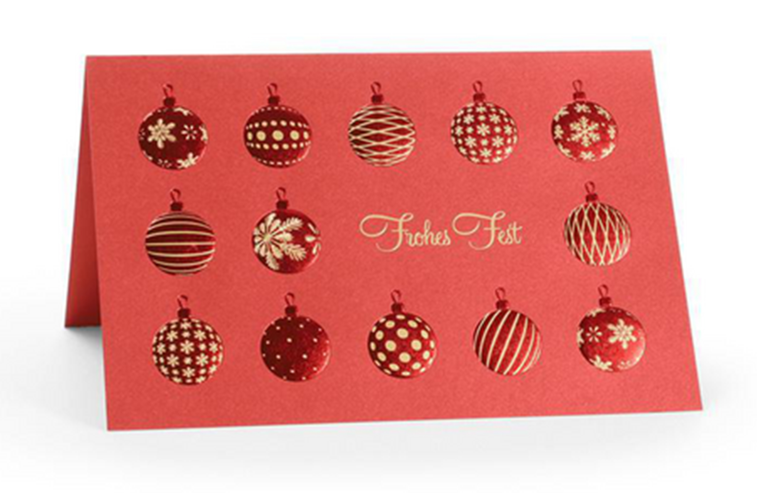 Rote Weihnachtskarte mit diversen Ornamentkugeln in Rot und Gold, sowie dem Text: Frohes Fest. Einleger weiß