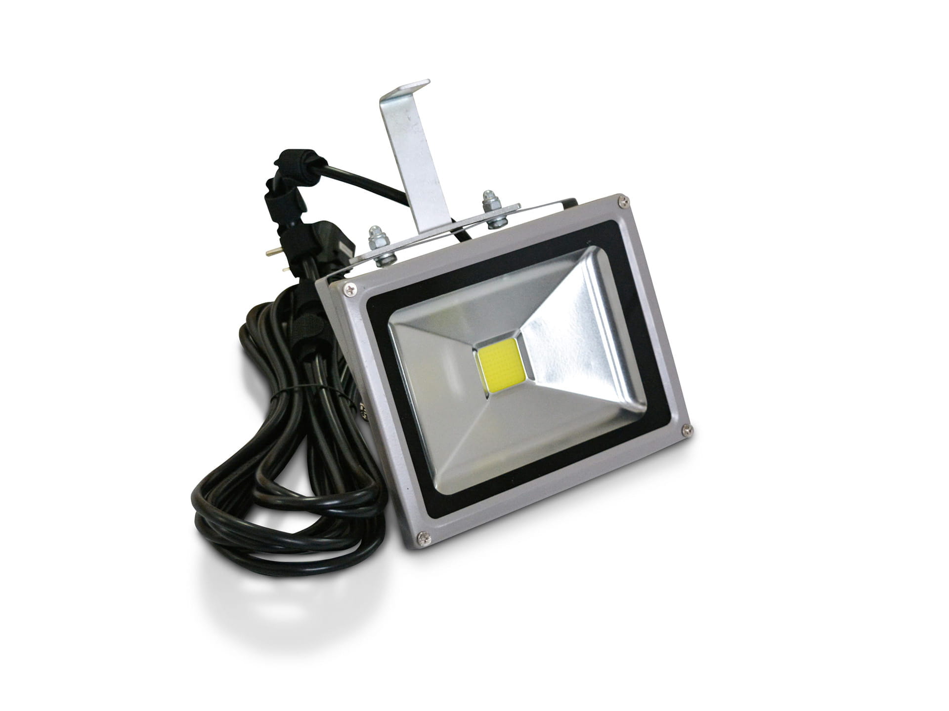 Faltzelt LED Strahler Easy Hold LED-Strahler für Faltzelt, quadratische Form, silberne Oberfläche, montiert an einem Zeltgestänge.