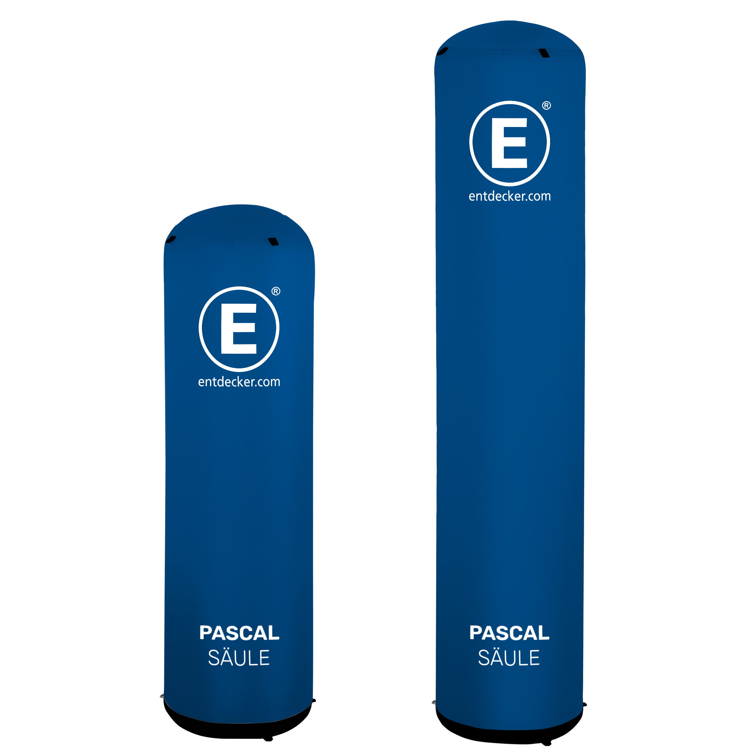 Zwei nebeneinander stehende Pascal Werbesäulen in blau bedruckt mit Entdecker Logo