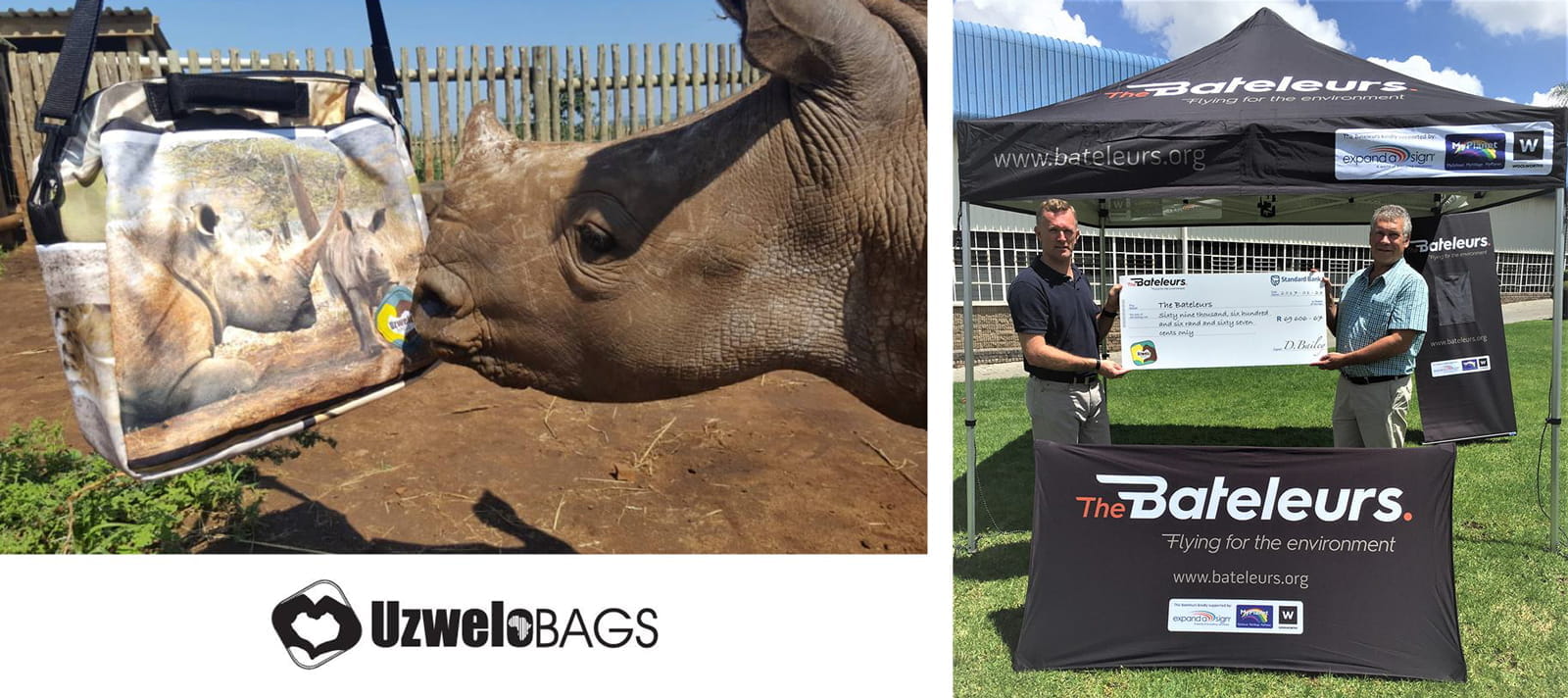 Tasche und Scheckübergabe von The Bateleurs Tasche mit Rhinozeros-Motiv von UzwelBAGS und zwei Personen, die einen Scheck vor einem The Bateleurs-Zelt halten.