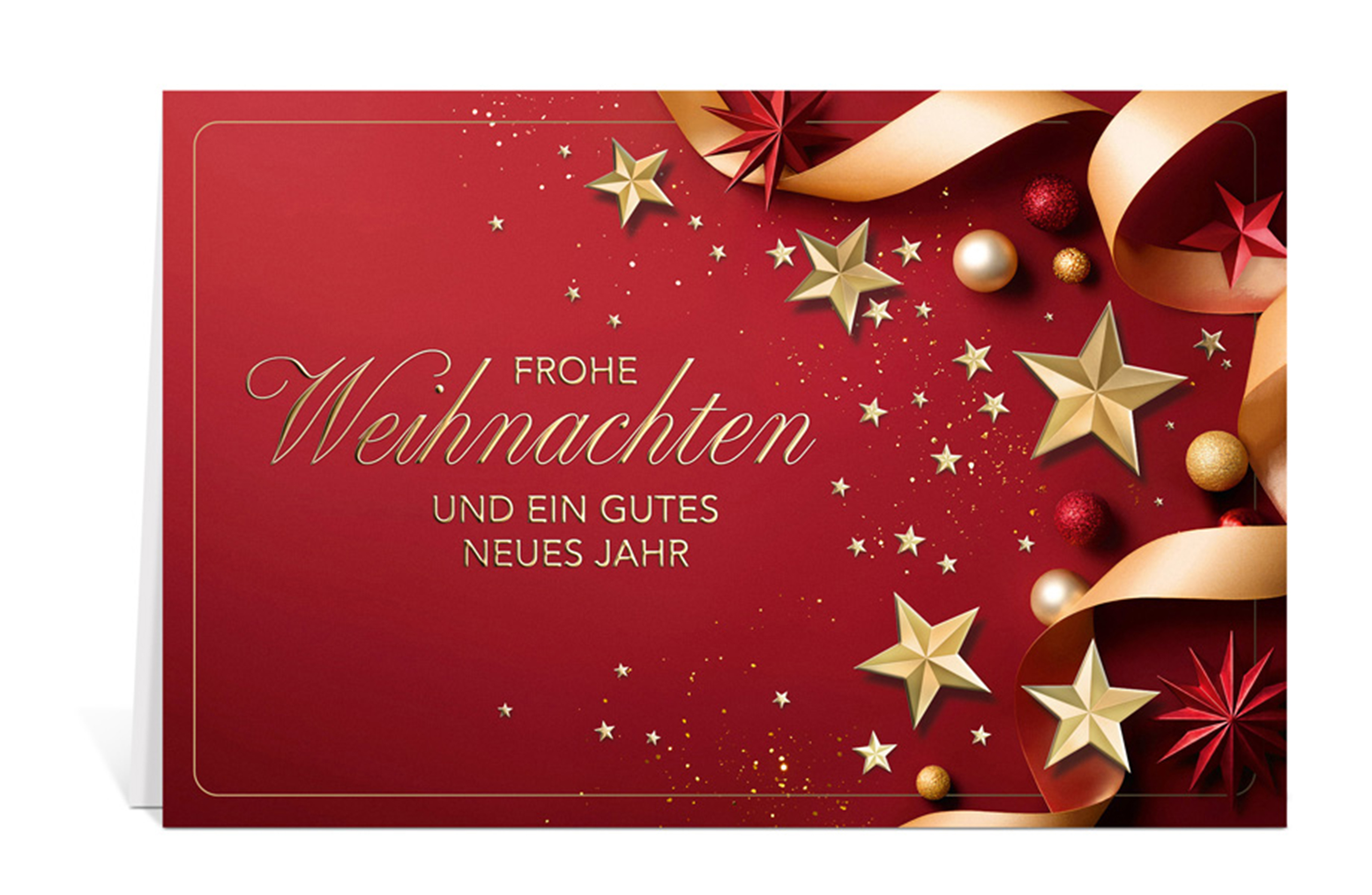Rote Weihnachtskarte mit goldenen Sternen und gold-roter Deko und dem Text: Frohe Weihnachten und ein gutes neues Jahr