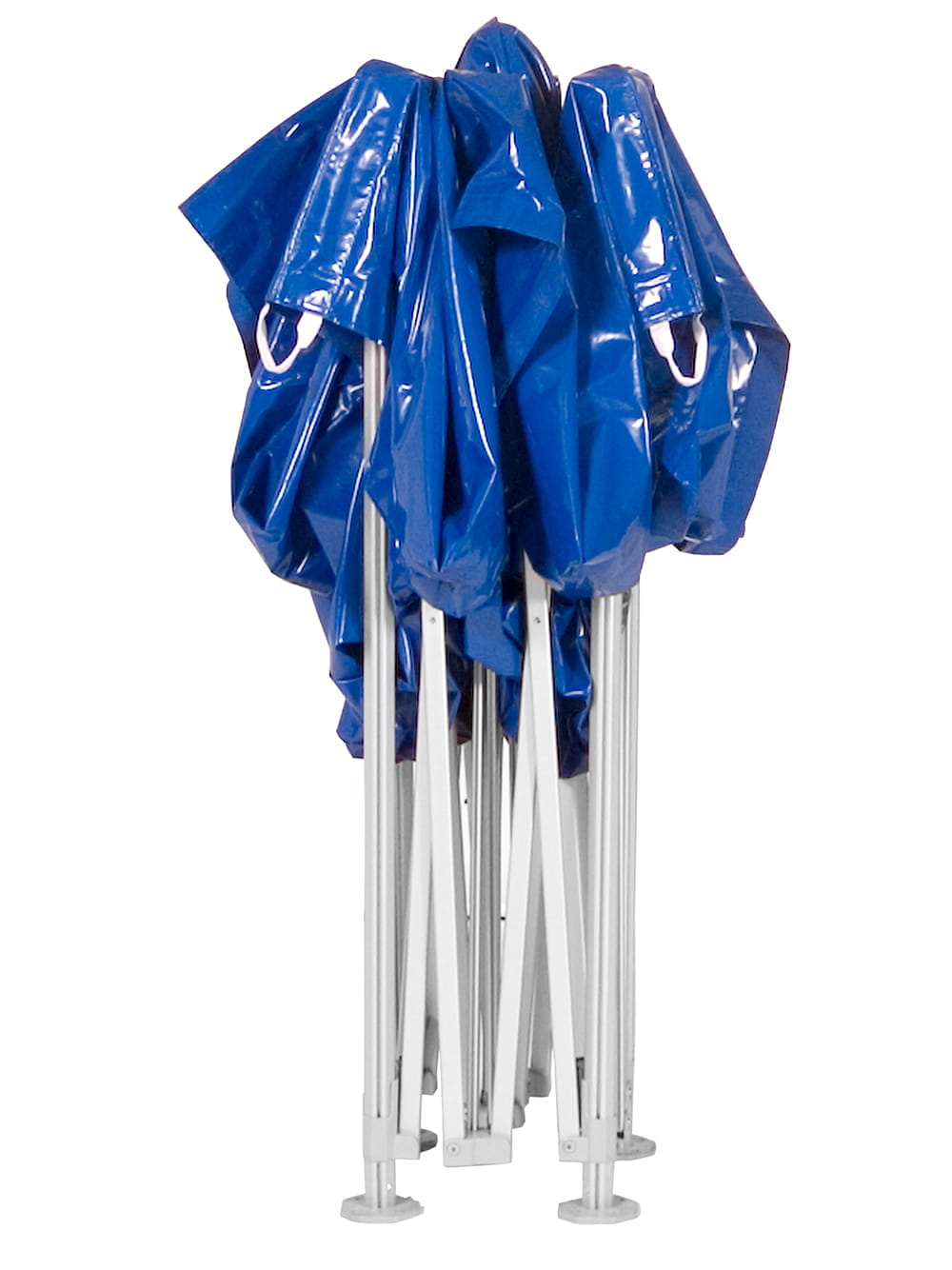 Zusammengeklapptes Faltzelt Zusammengeklappter blauer Pavillon mit silbernen Stangen.