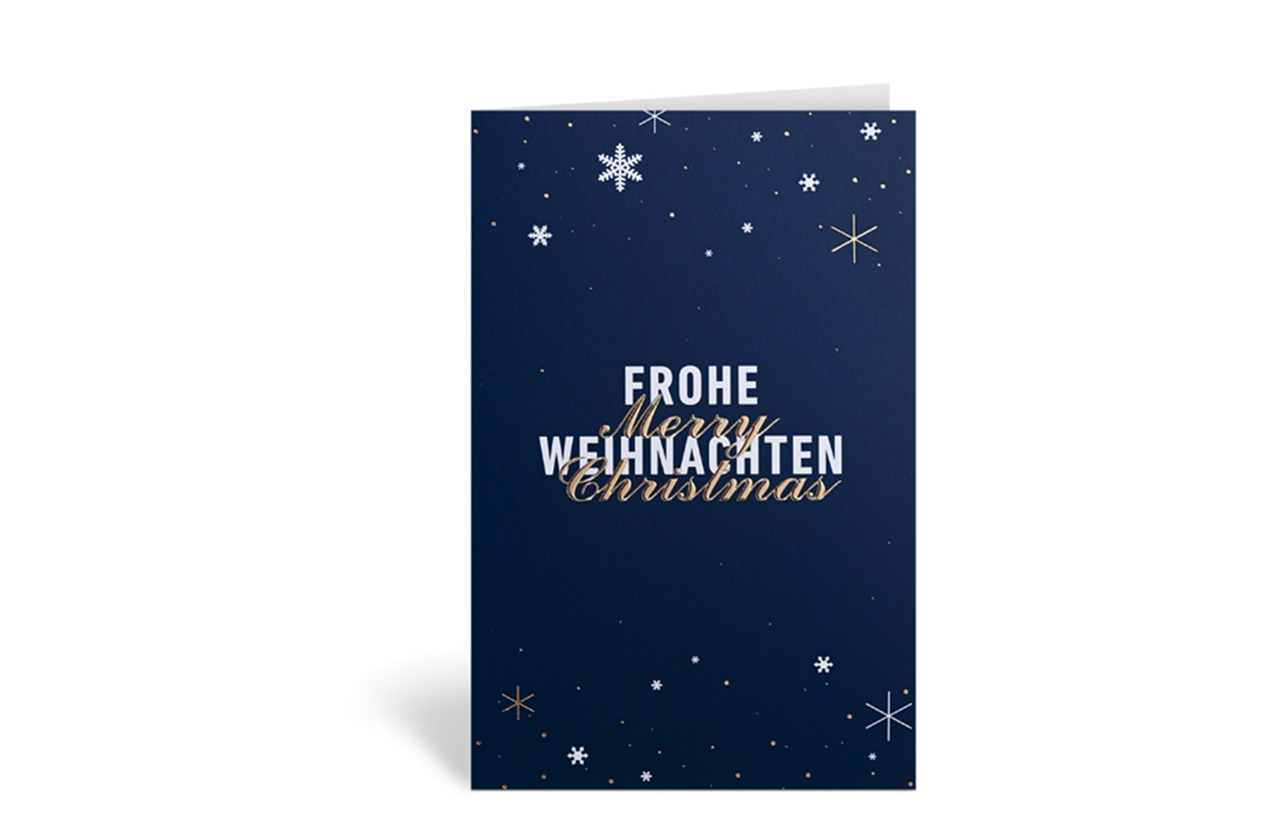 Blaue Weihnachtskarte mit einzelnen Schneeflocken und dem Text: Frohe Weihnachten - Merry Christmas