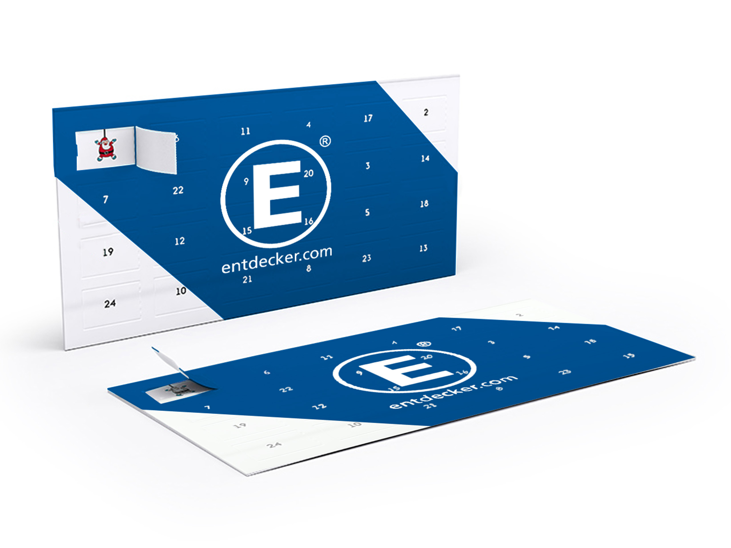 Zwei blau weiße Adventskalender-Grußkarten im Format DIN-lang mit weißem Entdecker Logo.