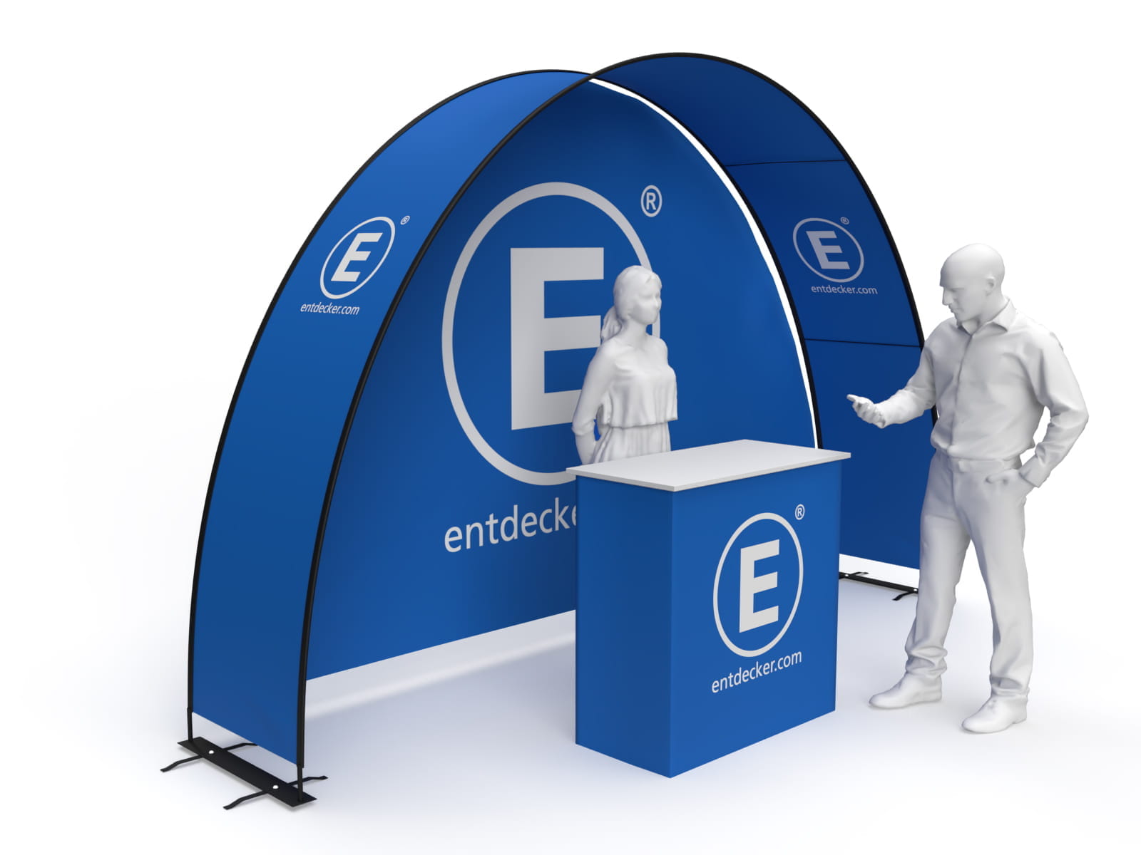 Eventbogen Displaybow Rückwand Eventbogen Displaybow Rückwand in Blau mit dem Logo E und der Website entdecker.com
