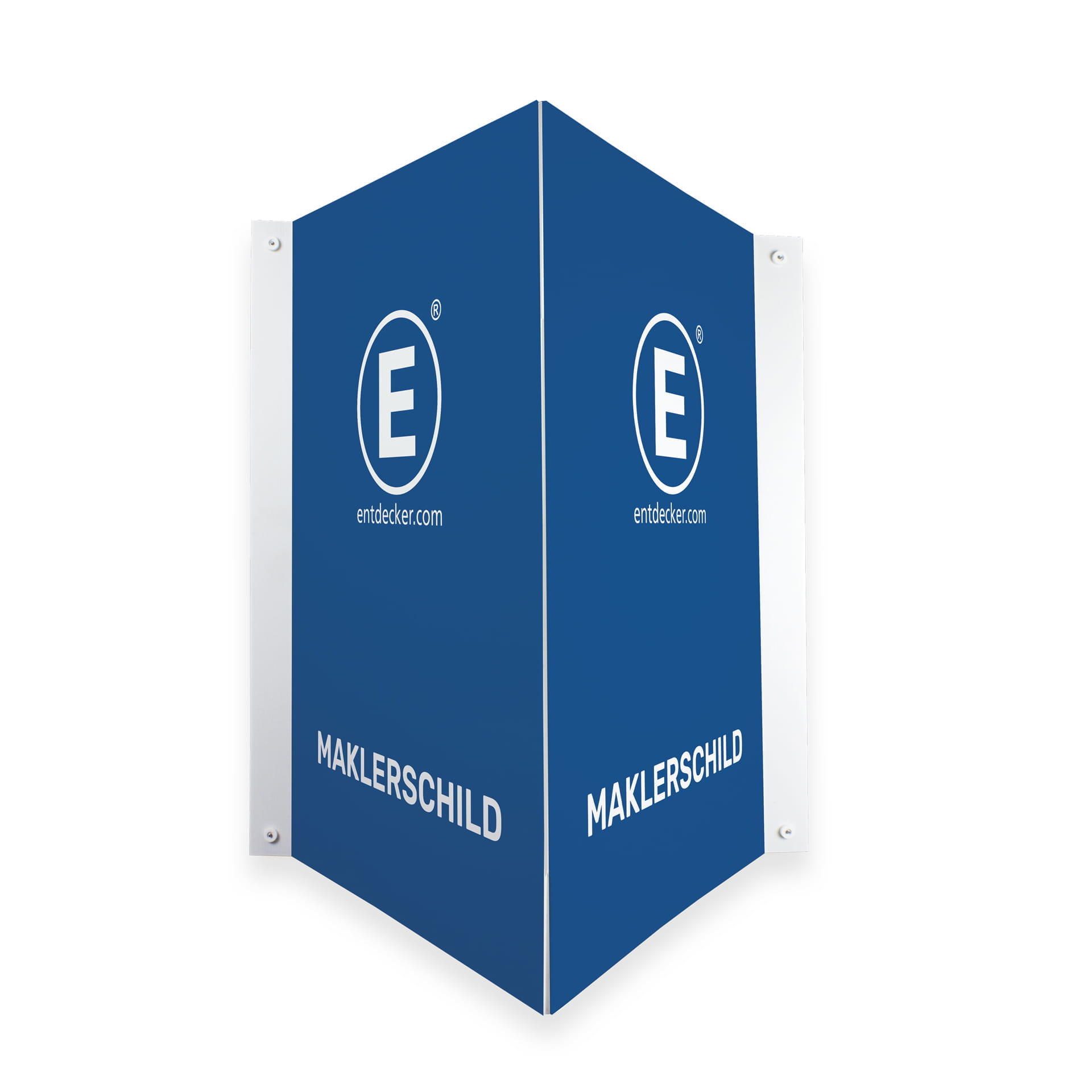 Maklerschild bedruckt Maklerschild in Blau mit dem Text MAKLERSCHILD und dem Logo von ENTDECKER.