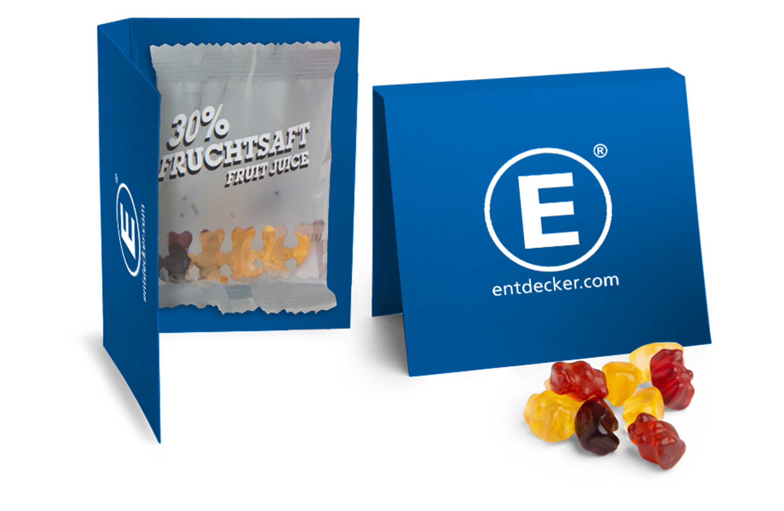 Zwei bedruckte Klappkarten gefüllt mit Trolli Fruchtgummi.