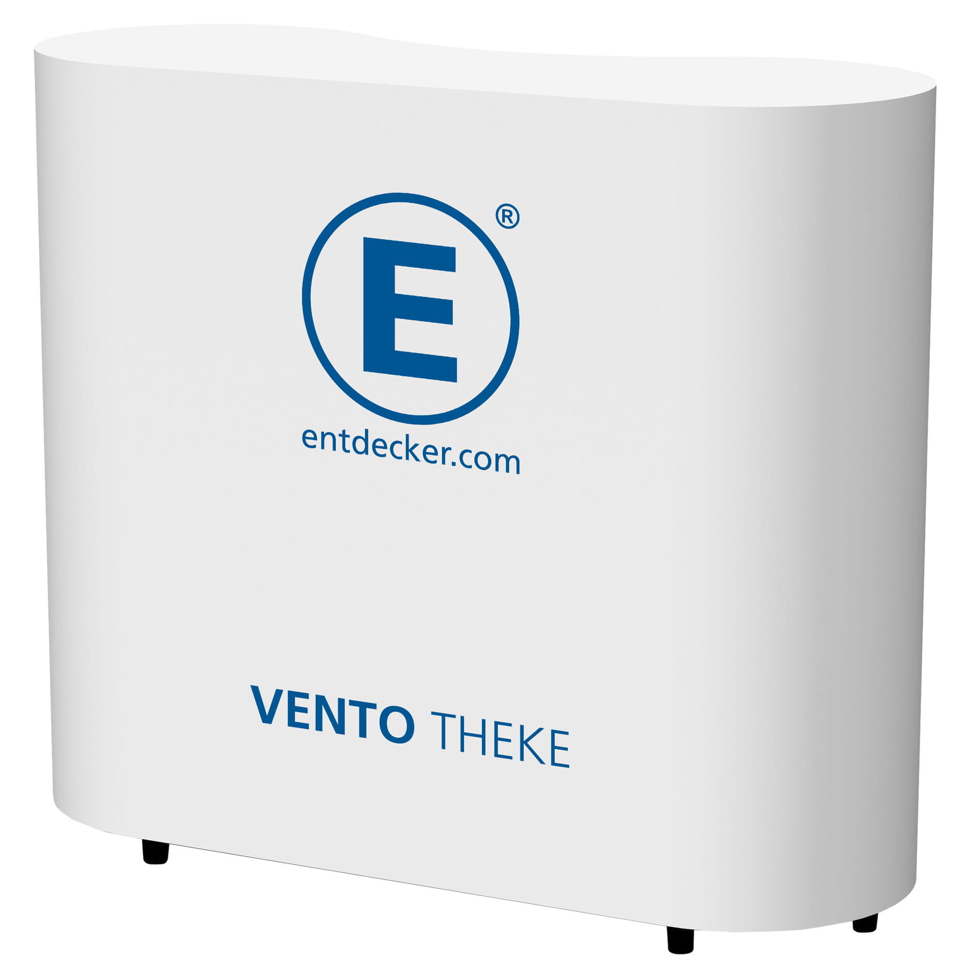 Aufblasbare Theke Vento Aufblasbare Theke Vento von ENTDECKER, weiß mit blauer Schrift und Logo.