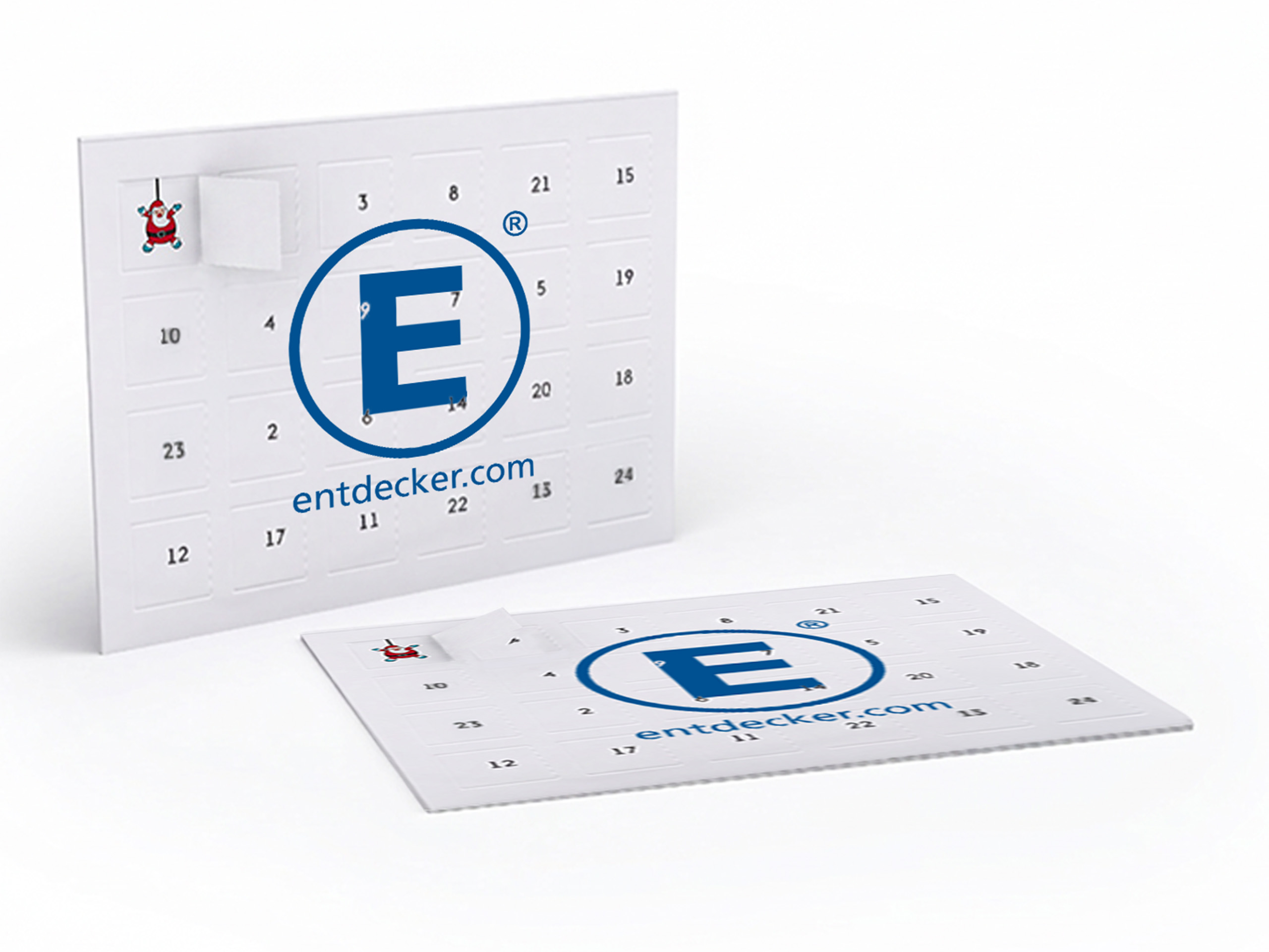 Zwei weiße Adventskalender-Grußkarten mit blauem Entdecker Logo, bei denen ein Türchen geöffnet ist.