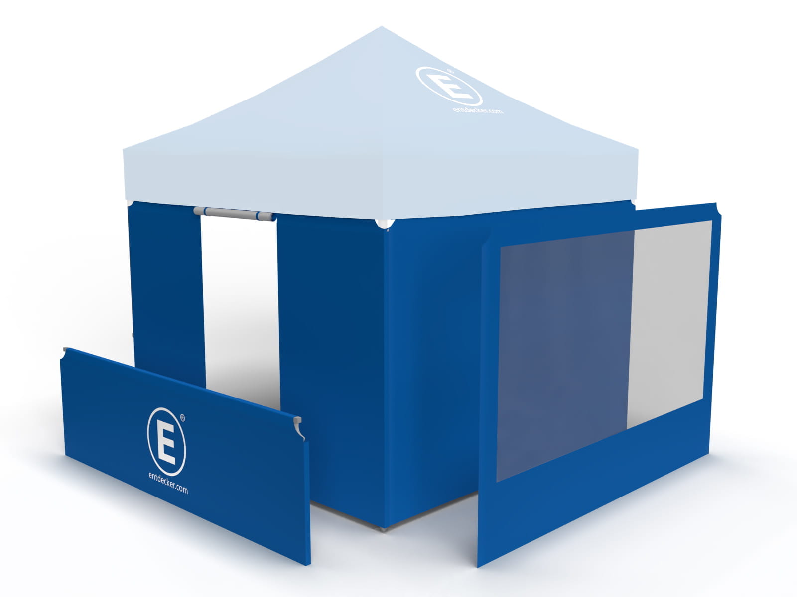 Kategorie Zelt Seitenwände Seitenwände für ein Zelt in Blau mit transparenten Fenstern, passend für ein Eventzelt von ENTDECKER.
