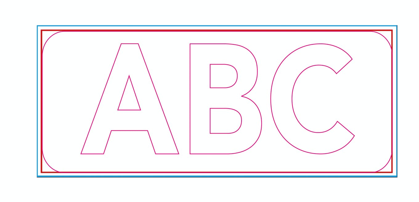 Formatieren der Schnittkontur bei ausgesparten Fräsbuchstaben Grafische Darstellung der Schnittkontur für ausgesparte Fräsbuchstaben mit den Buchstaben 'ABC' in der Mitte.