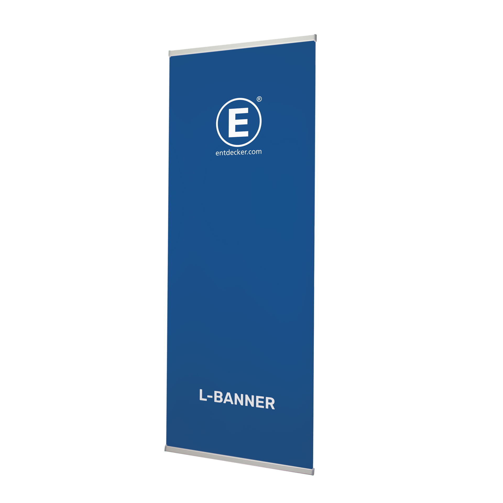 L Banner bedruckt Blaues L-Banner mit dem Text L-BANNER und dem Logo von ENTDECKER.