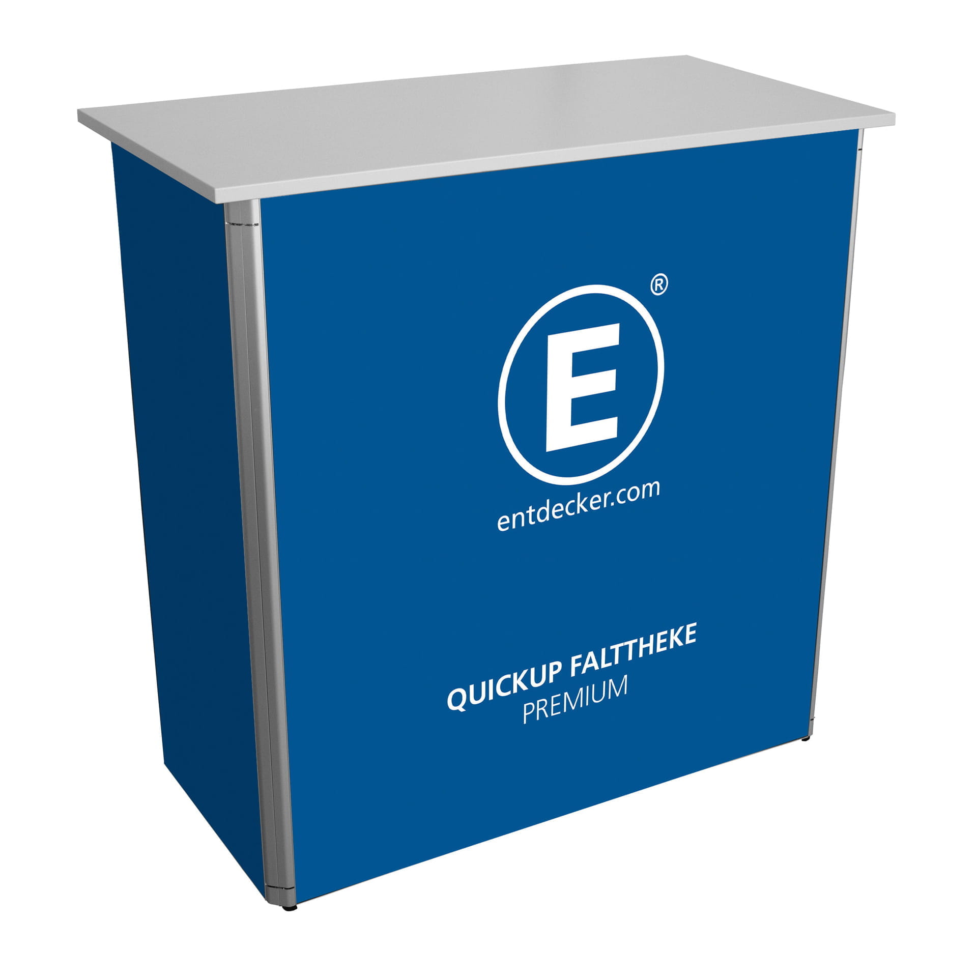 Messetheke Quickup Falttheke Premium Seite Messetheke Quickup Falttheke Premium in Blau mit weißem Logo von ENTDECKER und Schriftzug QUICKUP FALTHTHEKE PREMIUM.