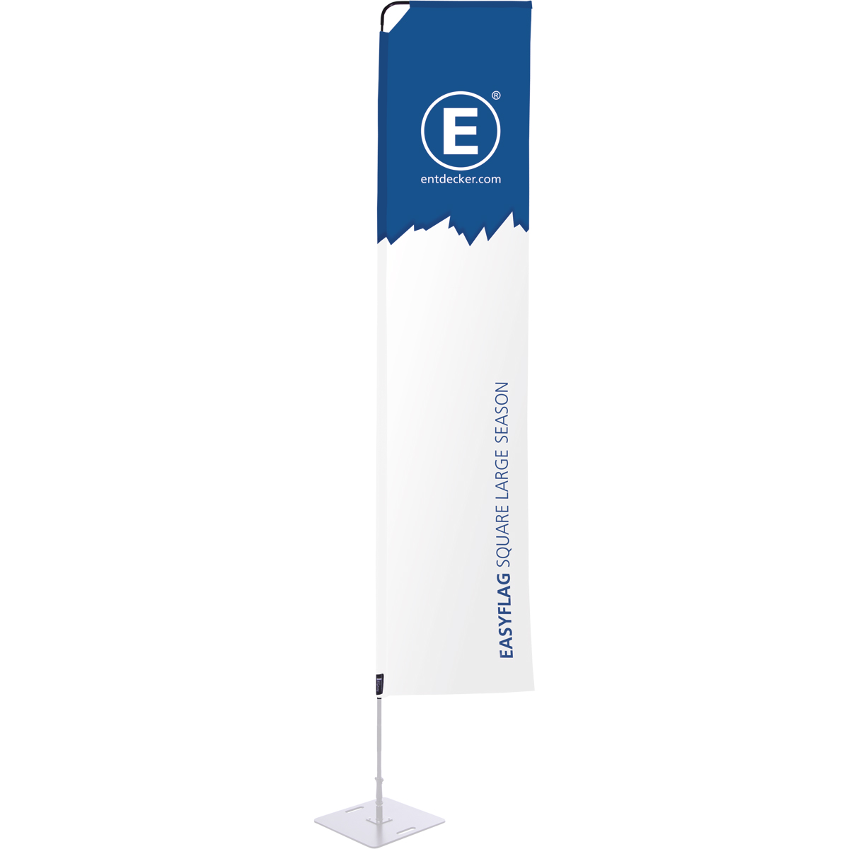 Beachflag Easyflag Square Season mit blauem oberen Teil und weißem unteren Teil, beschriftet mit EASYFLAG SQUARE MEDIUM SAISON und dem Logo von ENTDECKER.