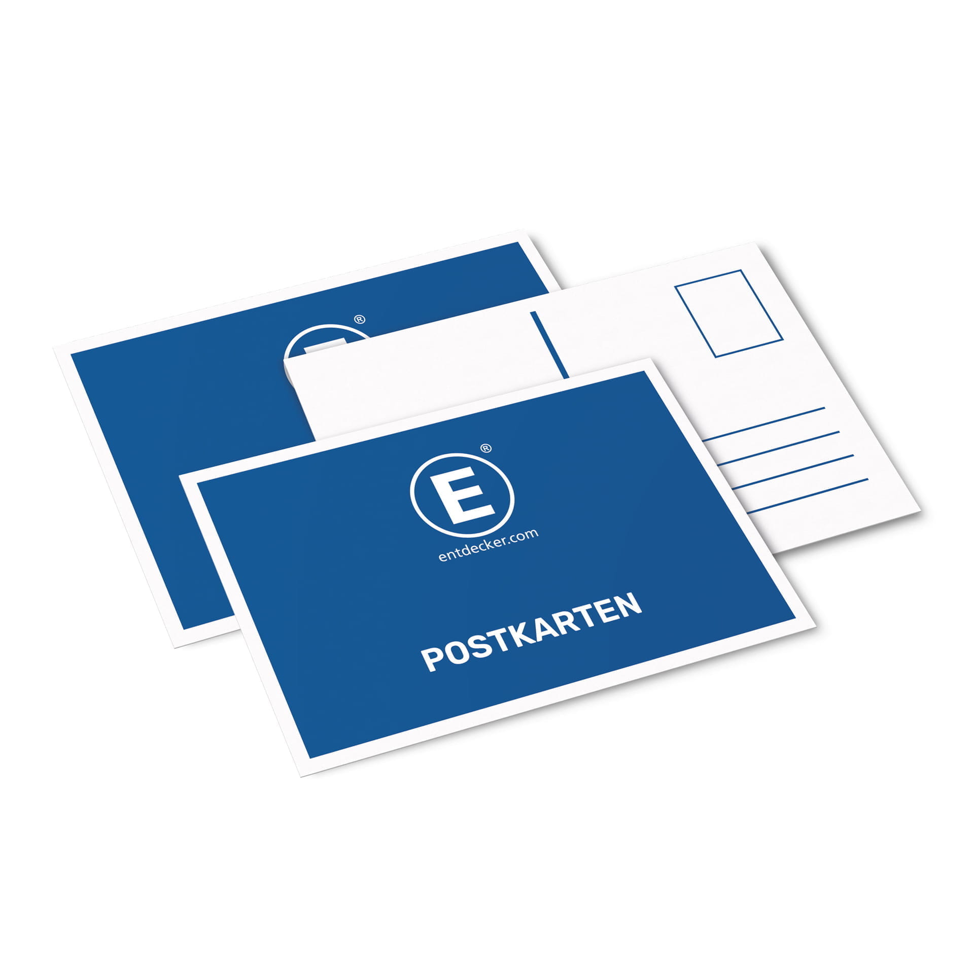 Postkarten bedruckt Drei bedruckte Postkarten in Blau mit dem Text POSTKARTEN und dem Logo von ENTDECKER.