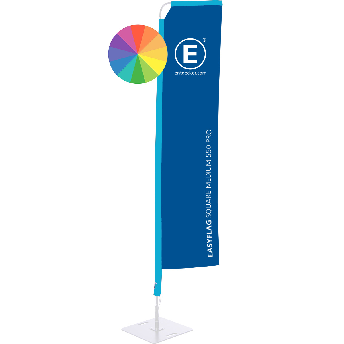 Rechteckige Beachflag von ENTDECKER in Blau mit dem Text EASYFLAG SQUARE MEDIUM 800 und Logo.