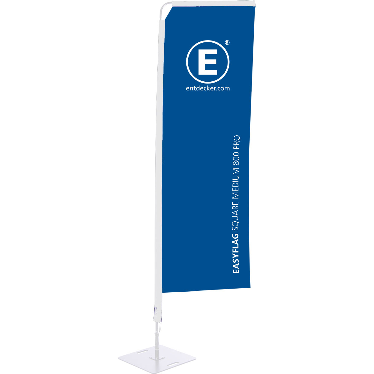 Rechteckige Beachflag von ENTDECKER in Blau mit dem Text EASYFLAG SQUARE MEDIUM 800 und Logo.