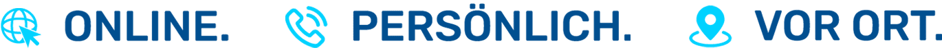 Online Persönlich Vorort Shop Textgrafik mit den Worten 'ONLINE. PERSÖNLICH. VOR ORT.' in blauer Schrift auf schwarzem Hintergrund.