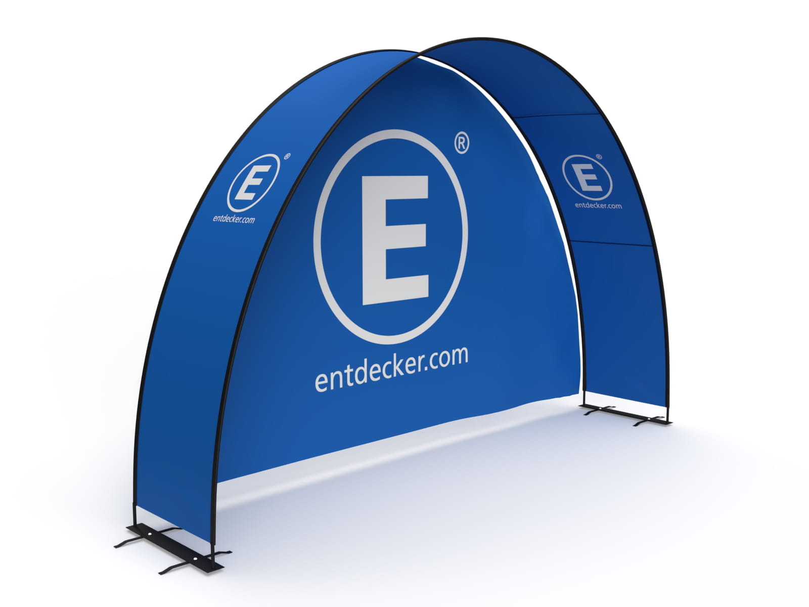 Eventbogen Displaybow Veranstaltung Eventbogen Displaybow von ENTDECKER bei einer Laufveranstaltung, Sprecher spricht zu Teilnehmern, im Hintergrund Bäume und Gebäude.