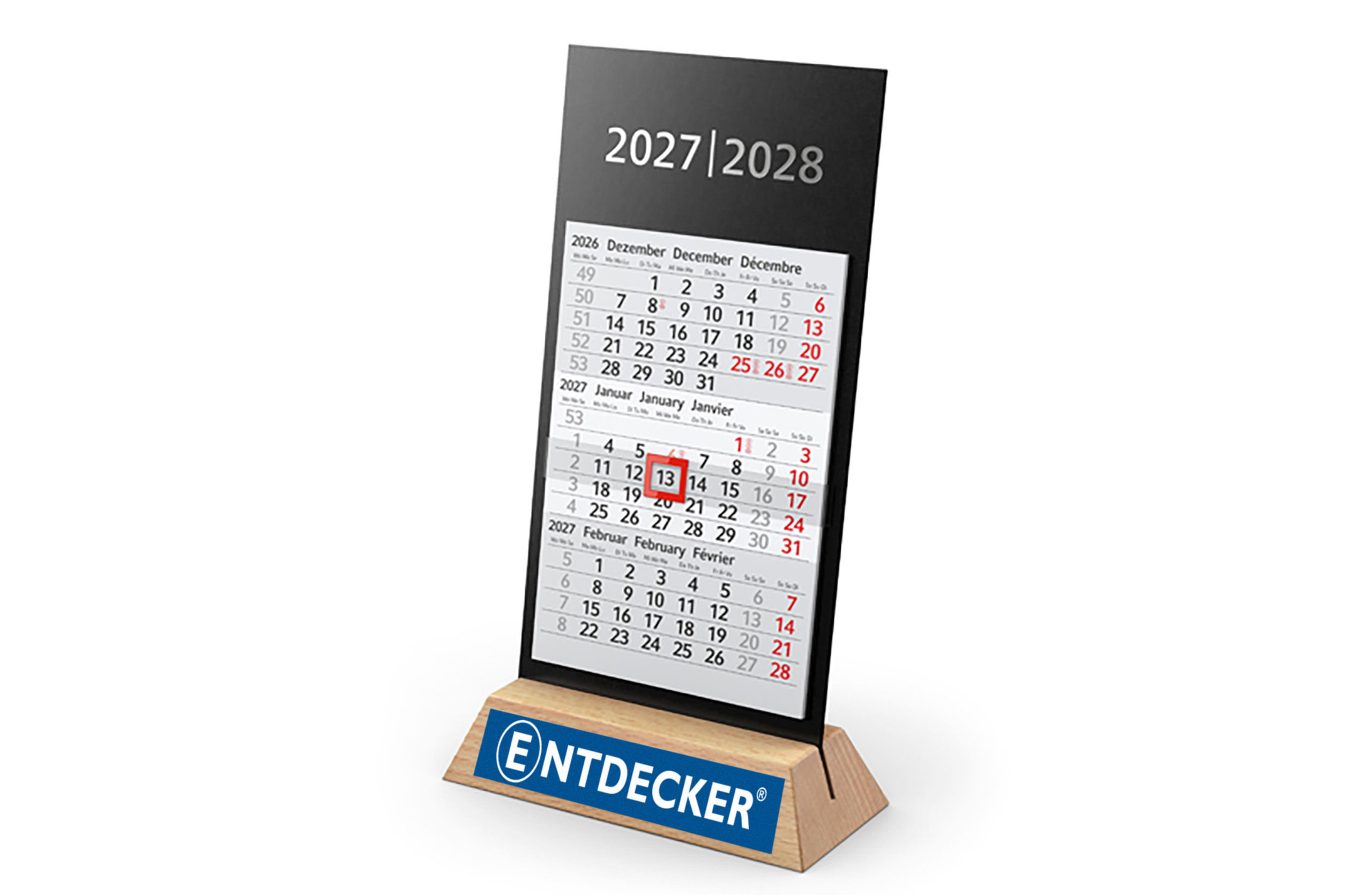 Tischkalender mit einem Aufsteller aus Buchenholz für 2027/2028