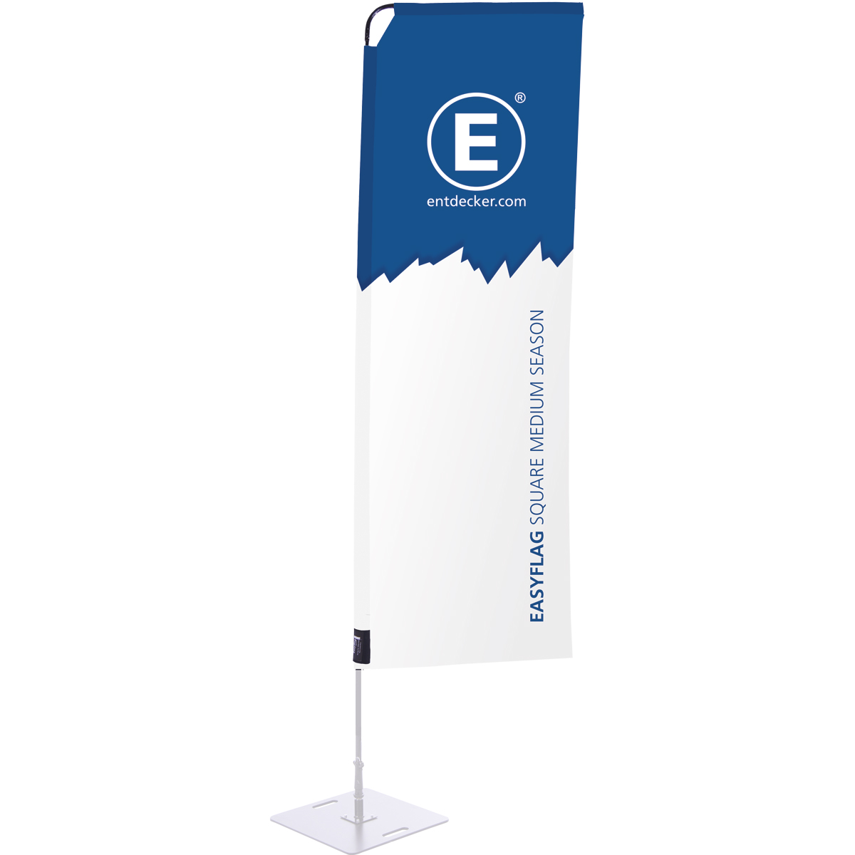 Beachflag Easyflag Square Season mit blauem oberen Teil und weißem unteren Teil, beschriftet mit EASYFLAG SQUARE MEDIUM SAISON und dem Logo von ENTDECKER.