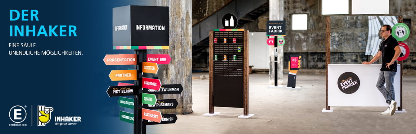 Inhaker Produktübersicht Header Produktübersicht des Inhaker mit verschiedenen Säulen, die Informationen und Eventdetails anzeigen, in einer modernen Umgebung.