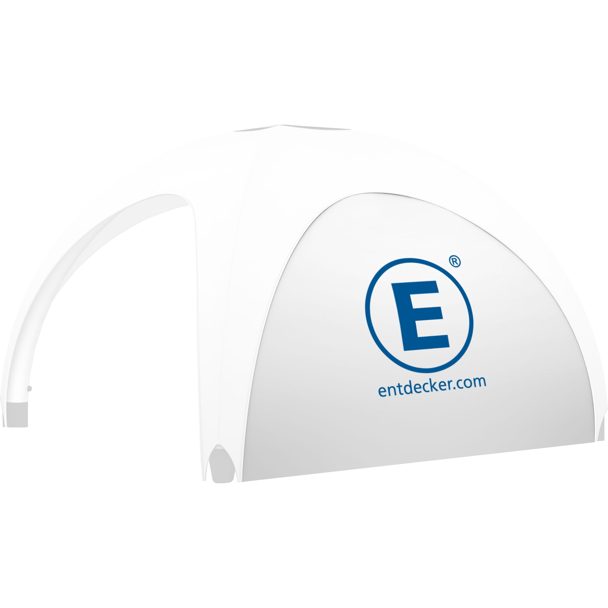 Vento Zelt Wand voll 4m doppelseitig Vento Zelt Wand voll 4m doppelseitig von ENTDECKER, weiße Wand mit blauem Logo und Website.