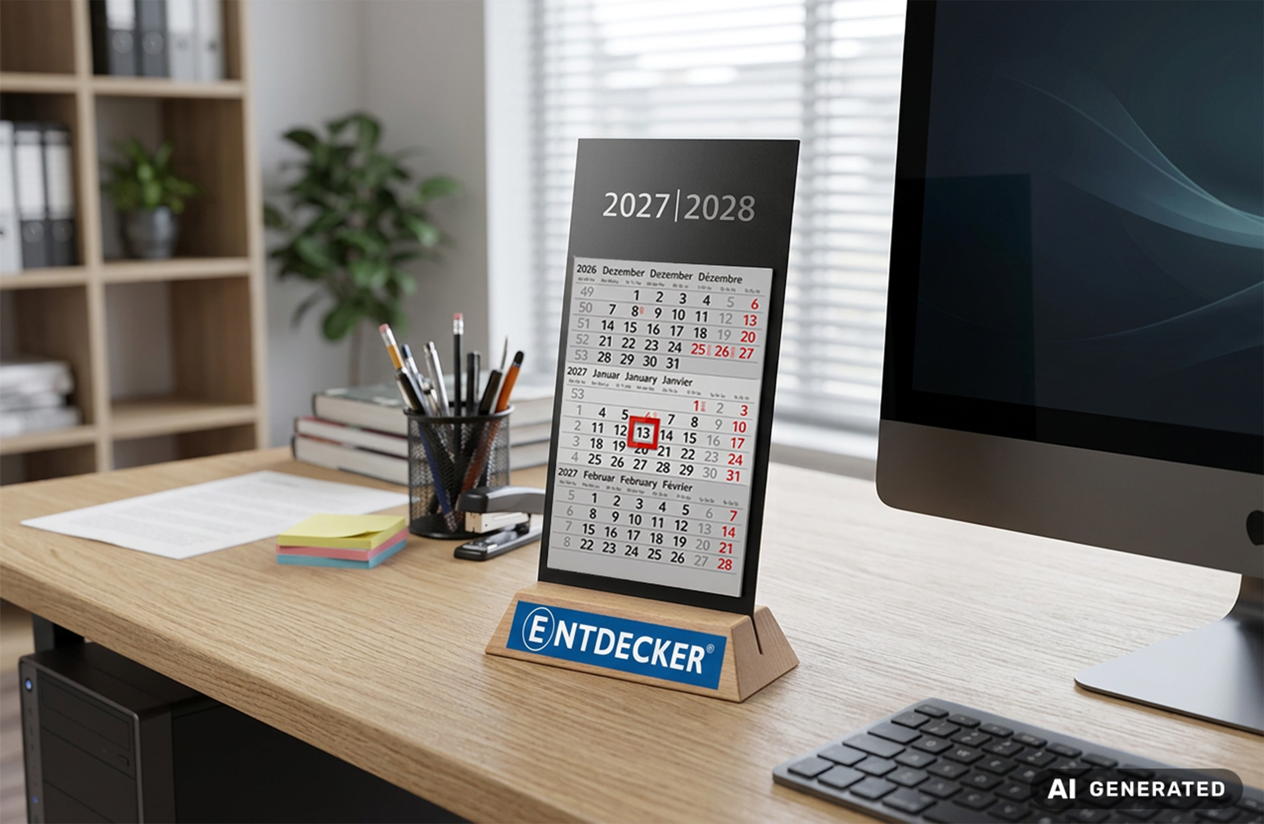 Der Tischkalender mit dem Aufsteller aus Buchenholz steht auf einem Schreibtisch in einem Büro