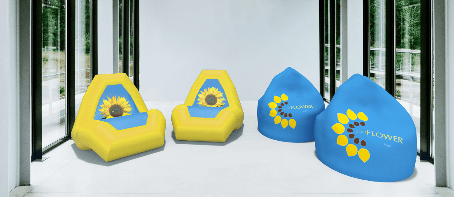 Aufblasbare Stühle und Sitzsäcke mit Sonnenblumen Motiv
