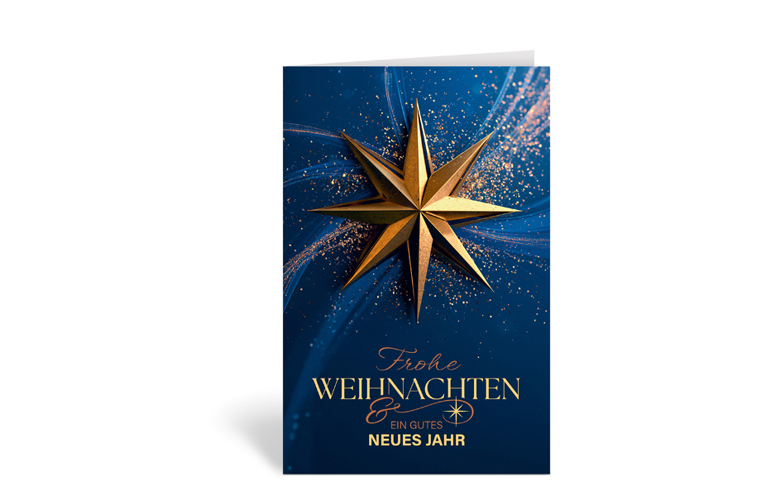 Blaue Weihnachtskarte mit goldenem Stern und Text: Frohe Weihnachten & ein gutes neues Jahr