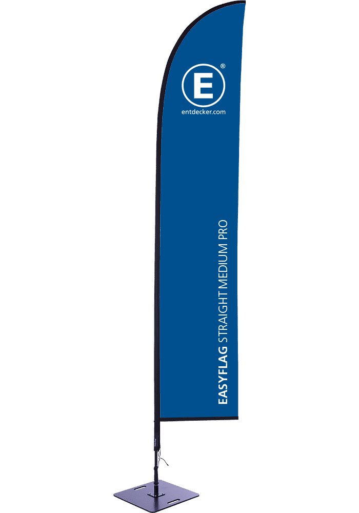 Beachflag in Segelform Beachflag in Segelform, einseitig bedruckt, von der Marke ENTDECKER, mit blauem Design und dem Schriftzug 'EASYFLAG STRAIGHT MEDIUM PRO'.