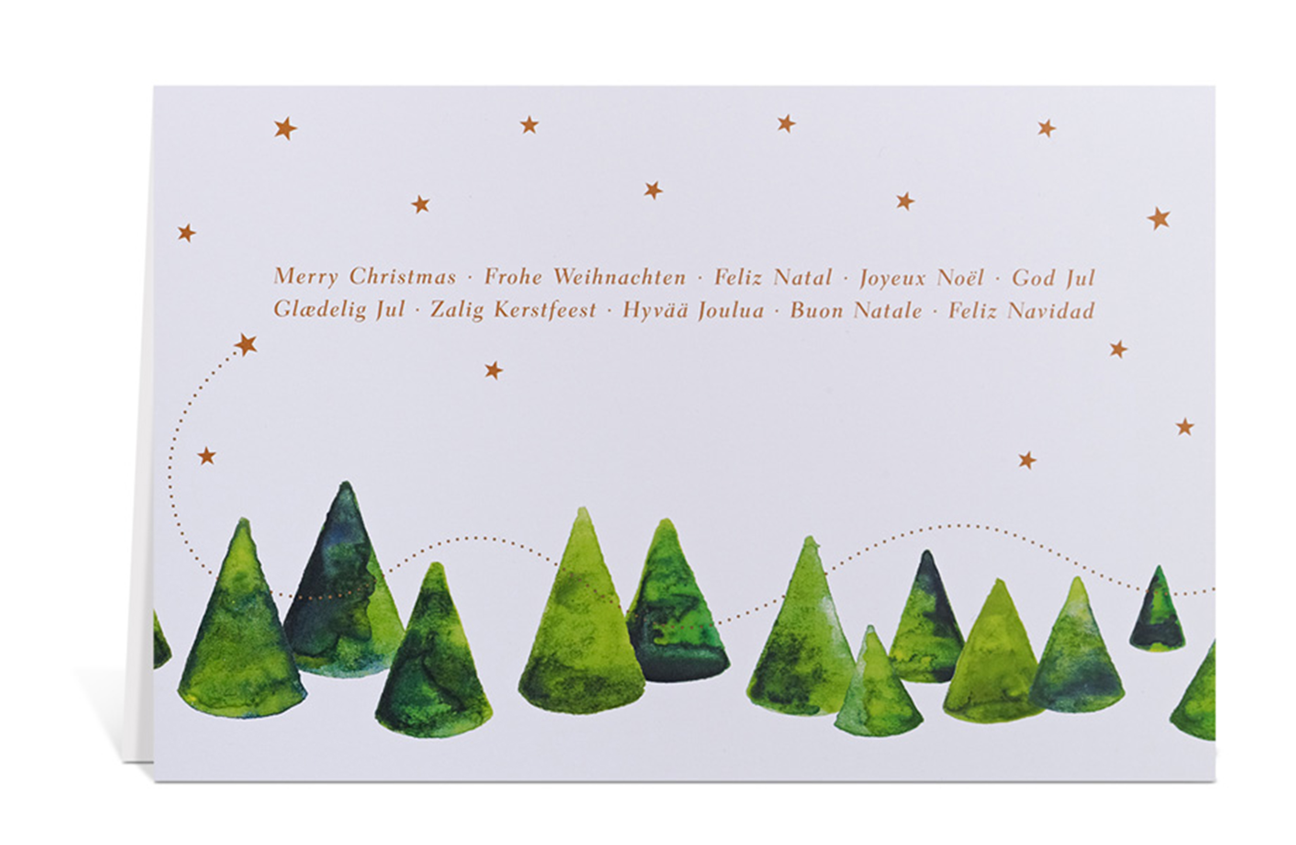 Weiße Weihnachtskarte mit Sternen und Weihnachtsbäumen aus Wasserfarben, dazu der Text: Merry Christmas, Frohe Weihnachten, Feliz Natal, Joyeux Noel, God Jul, Glaedelig Jul, Zalig Kersfeest, Hyvää Joulua, Buon Natale, Feliz Navidad