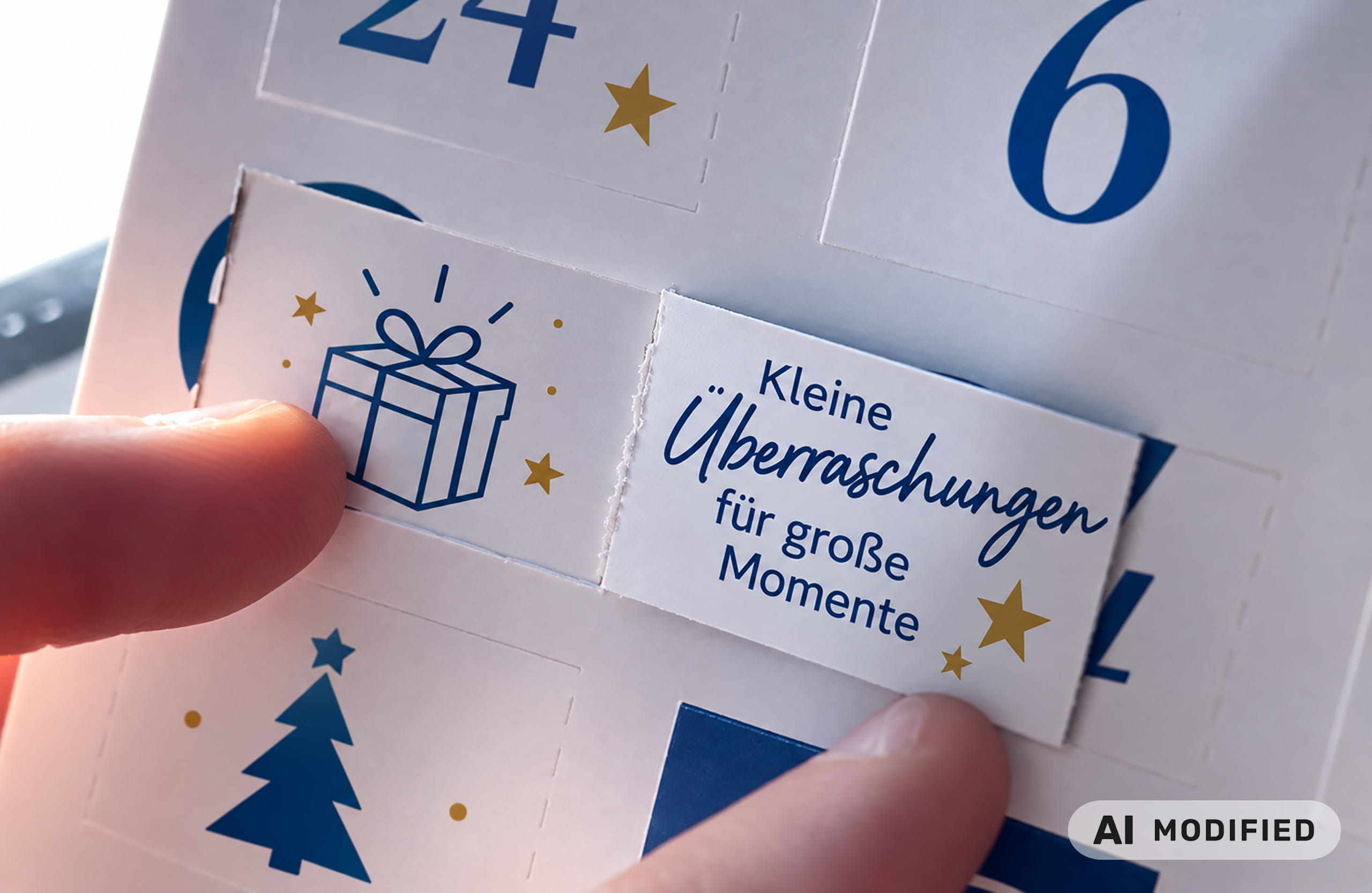 Detailansicht einer geöffneten Adventskalender-Grußkarte mit individuell bedruckter Türchen-Innenseite und Weihnachtsmotiv.