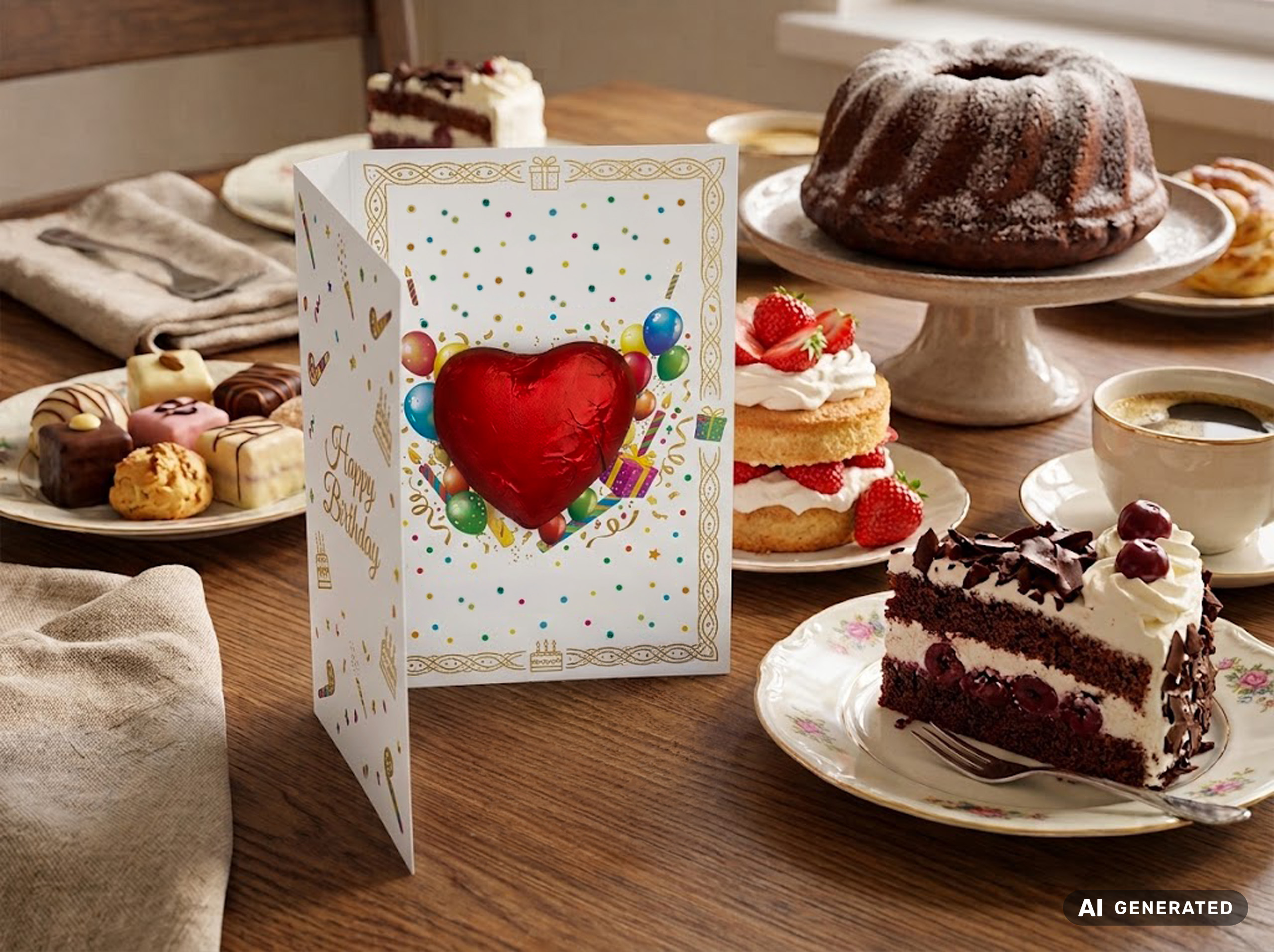 Festliche Geburtstags-Klappkarte in einem weißen Design mit buntem Konfetti-, Geschenk- und Luftballonmotiven sowie einem einem rotem Schokoladen-Herz in der Innenseite auf einem festlich gedeckten Tisch mit Kuchen und Torten stehend.