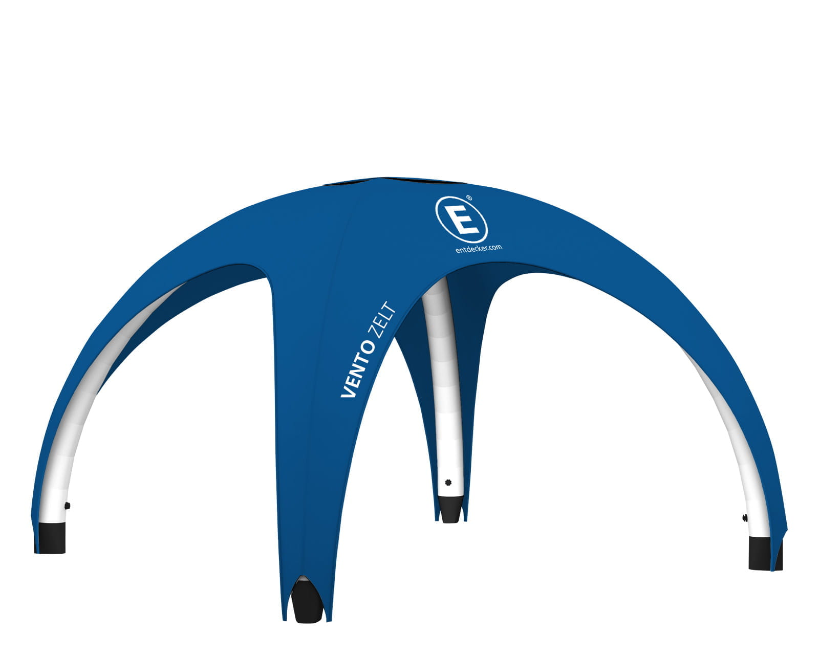 Zum Produkt "Vento Zelt" Aufblasbares Zelt 'Vento Zelt' von ENTDECKER in blauer Farbe mit weißen Stützbeinen.